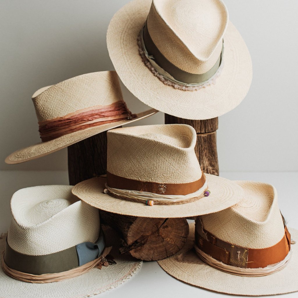 Stack of panama straw hats by PHYLLi’s Halcyon Days collection