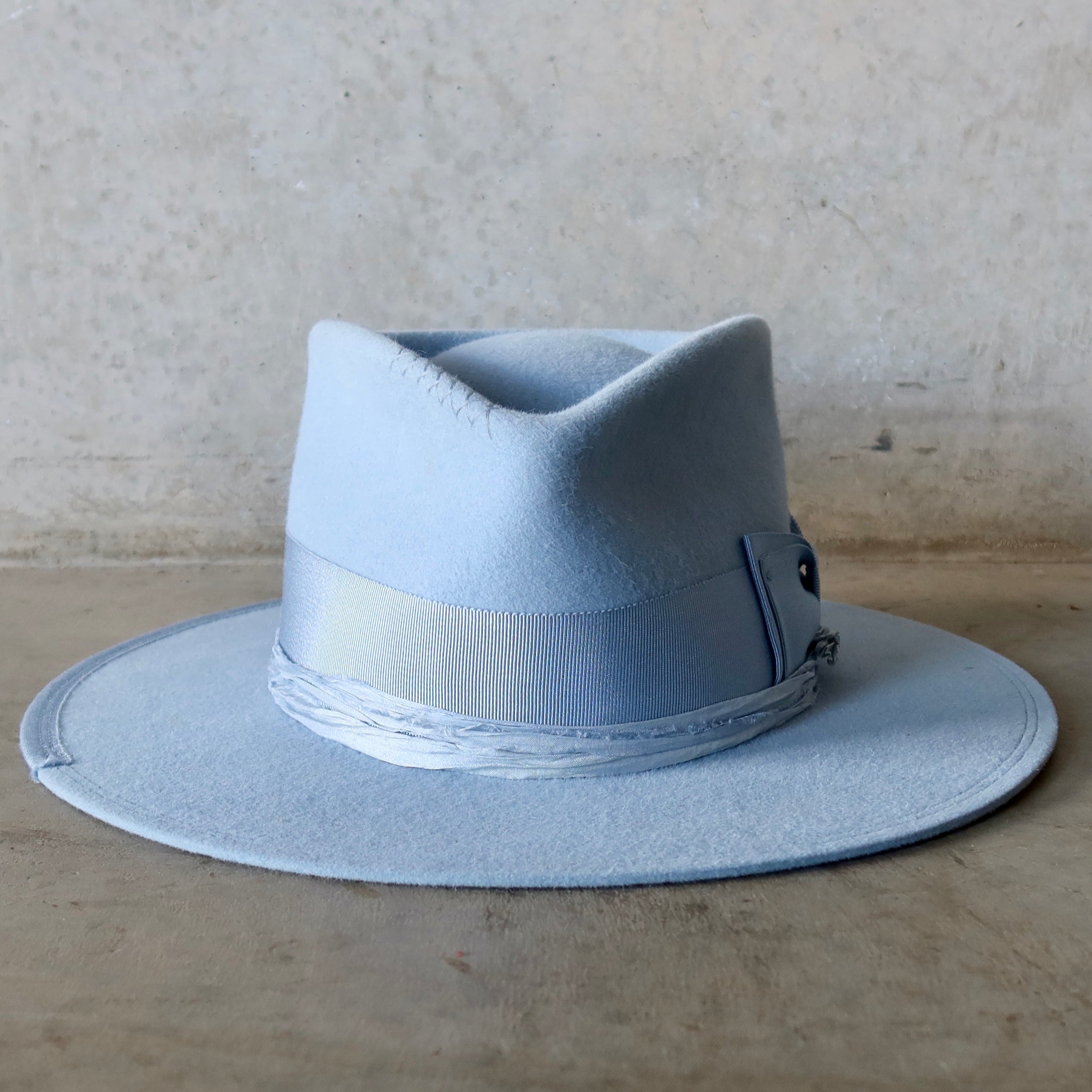 Crystal Blue wide-brim felt hat from PHYLLi Designs, ready to ship