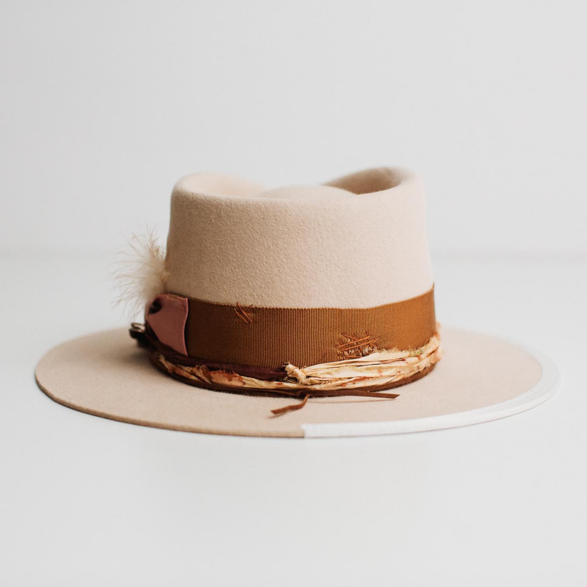 Back view of Malibu beige felt hat by PHYLLi Designs with copper grosgrain band and sari silk trim.