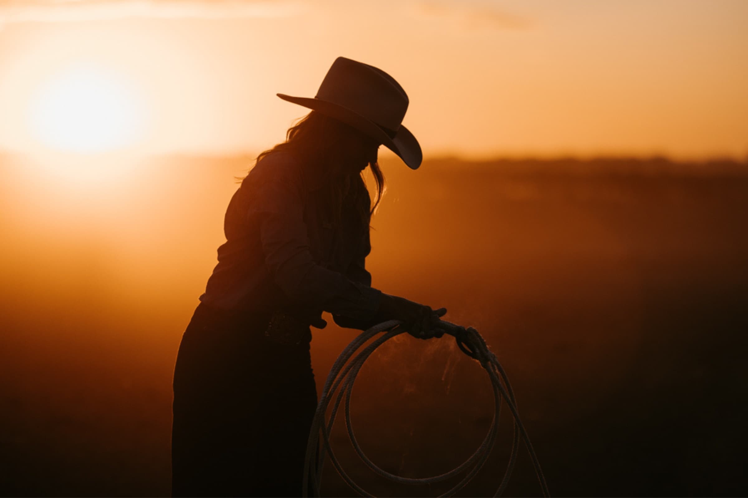 Silhouette of a person holding a lasso against an orange sunset sky