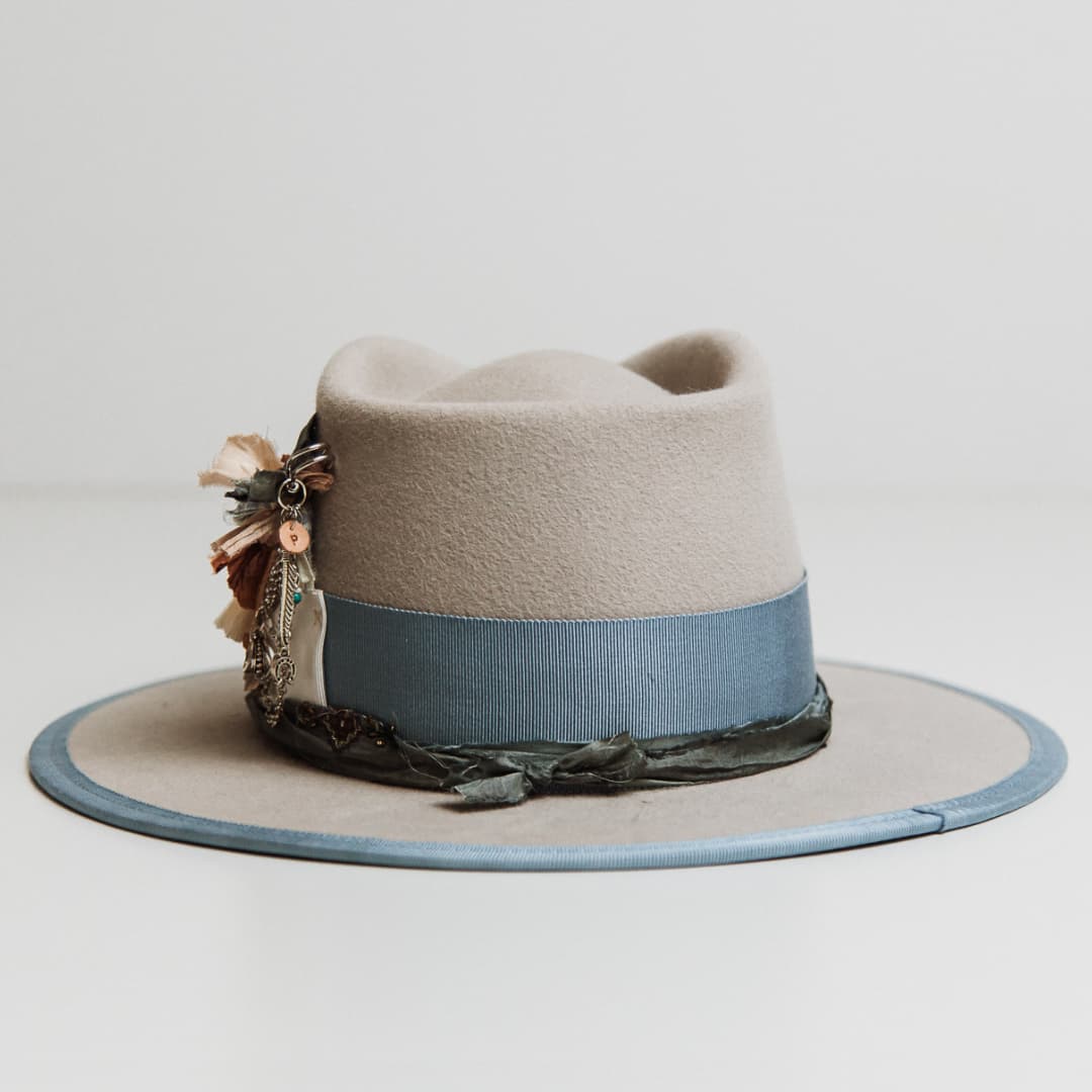 Back view of Bleu de France felt hat with Cornflower grosgrain band and Smokey Blue sari silk trim.