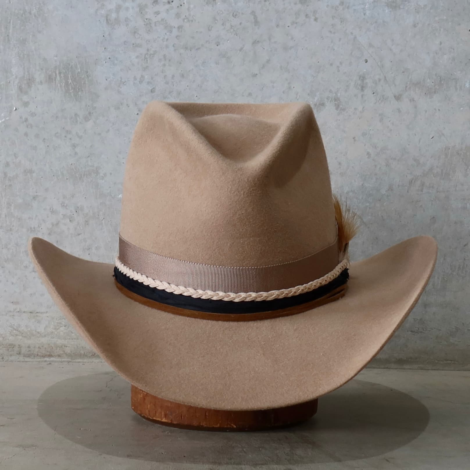 Camel felt cowboy hat Casey by PHYLLi Designs with Japanese grosgrain band in Taupe and layered sari silk trimming in Black.