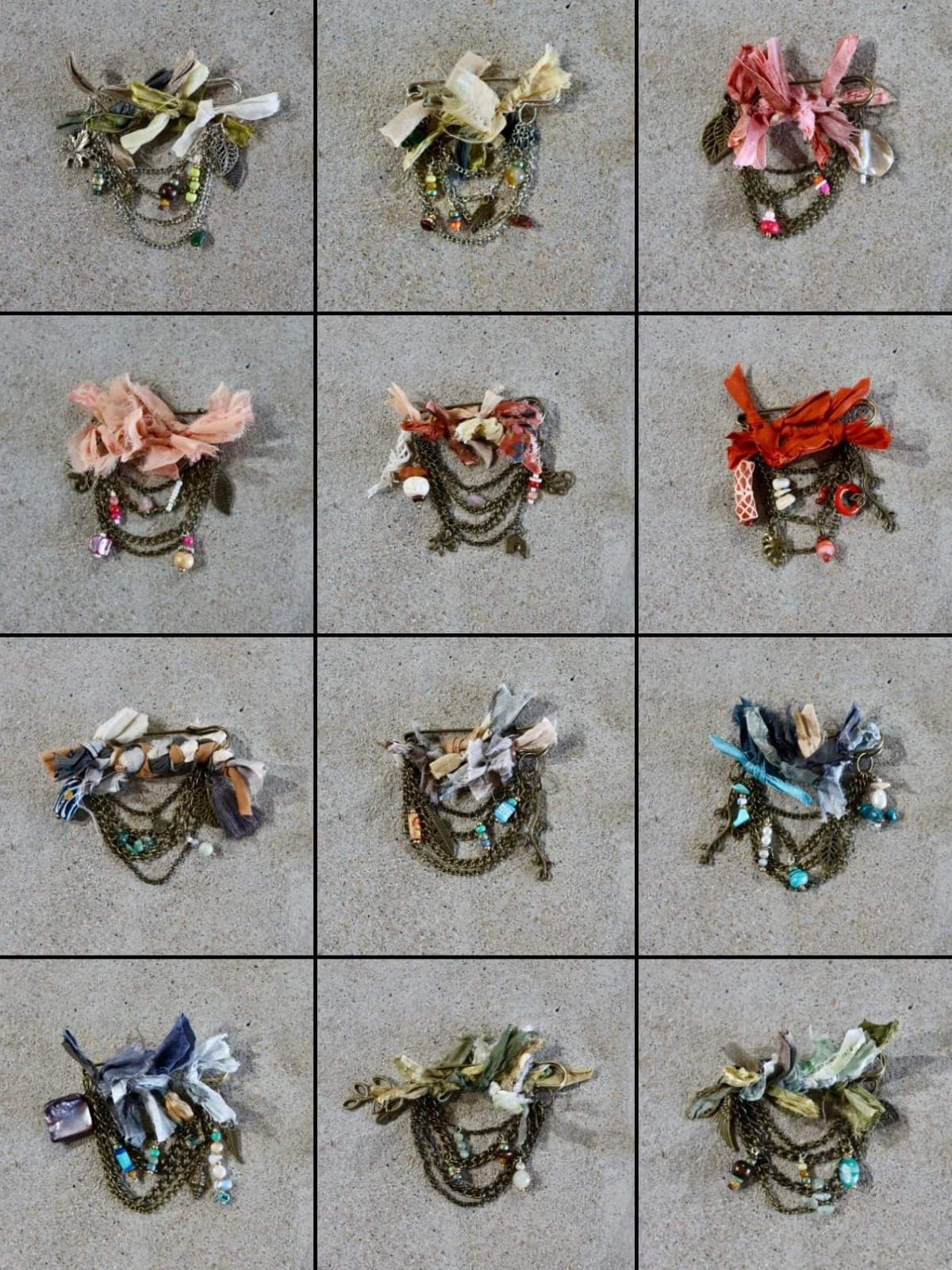 Close up detail of assorted chunky hat pins arranged in a grid showing layered sari silk ribbons with antique bronze chains, leaf charms and bead accents.