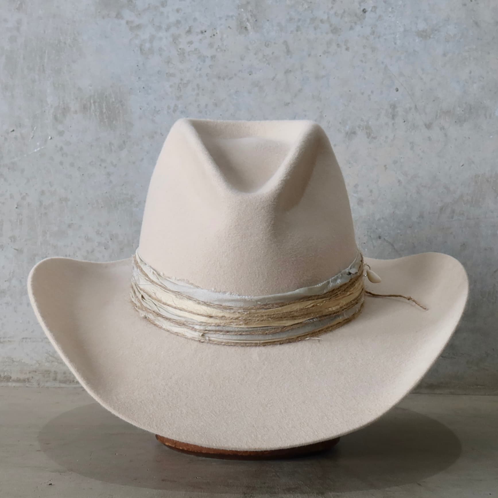 Beige felt cowboy hat Coastline Cowgirl by PHYLLi Designs with ivory Japanese grosgrain band and coastal twine trim.