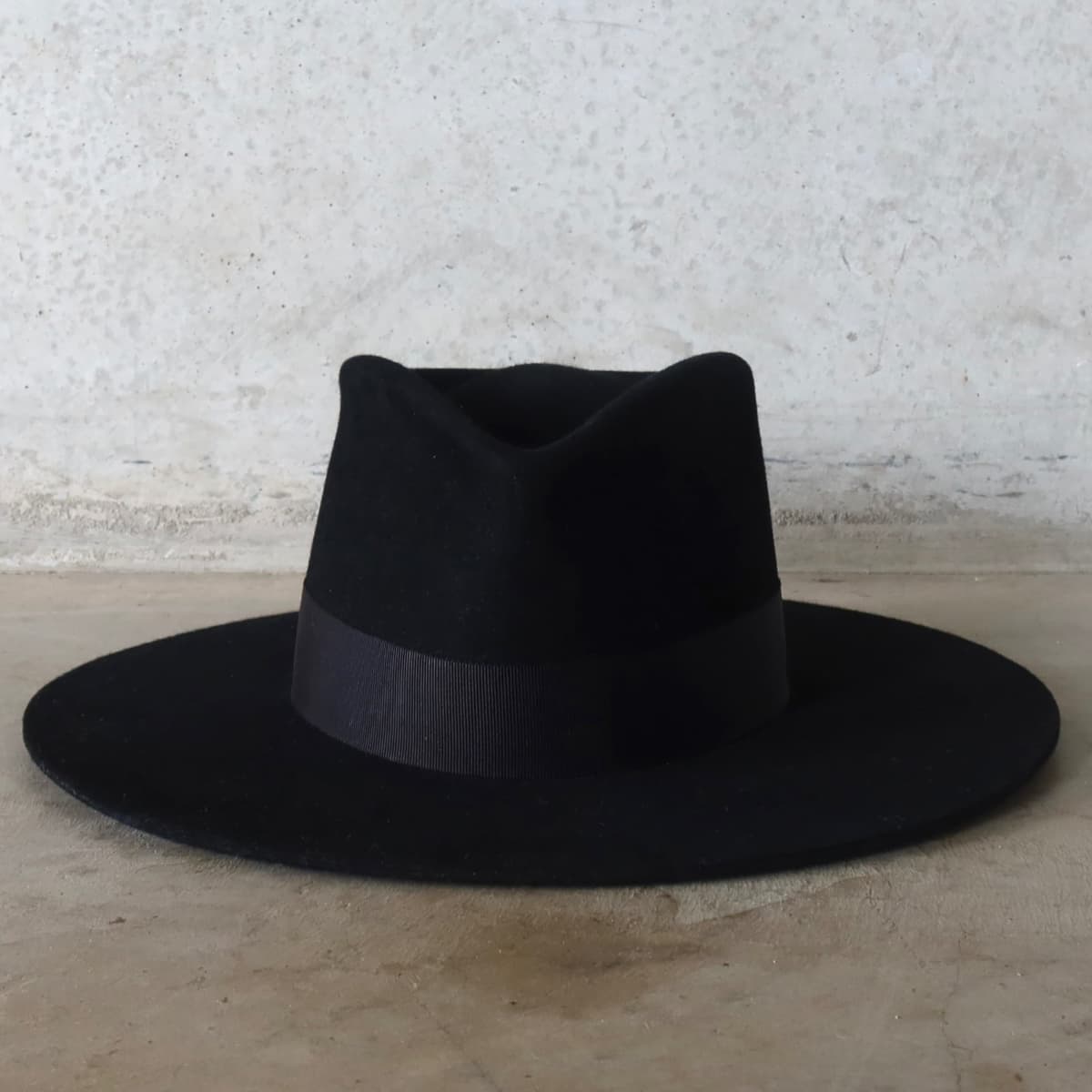 Black felt hat Core Black by PHYLLi Designs with black Japanese grosgrain band.