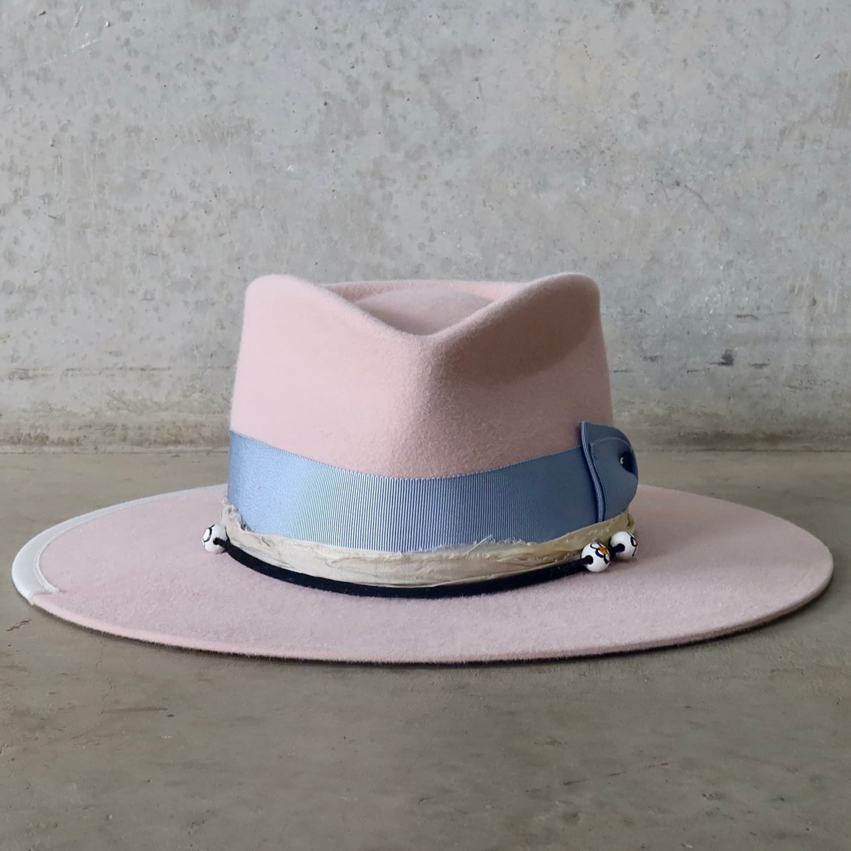 Baby pink felt hat Daisy by PHYLLi Designs with cornflower Japanese grosgrain double bow band.