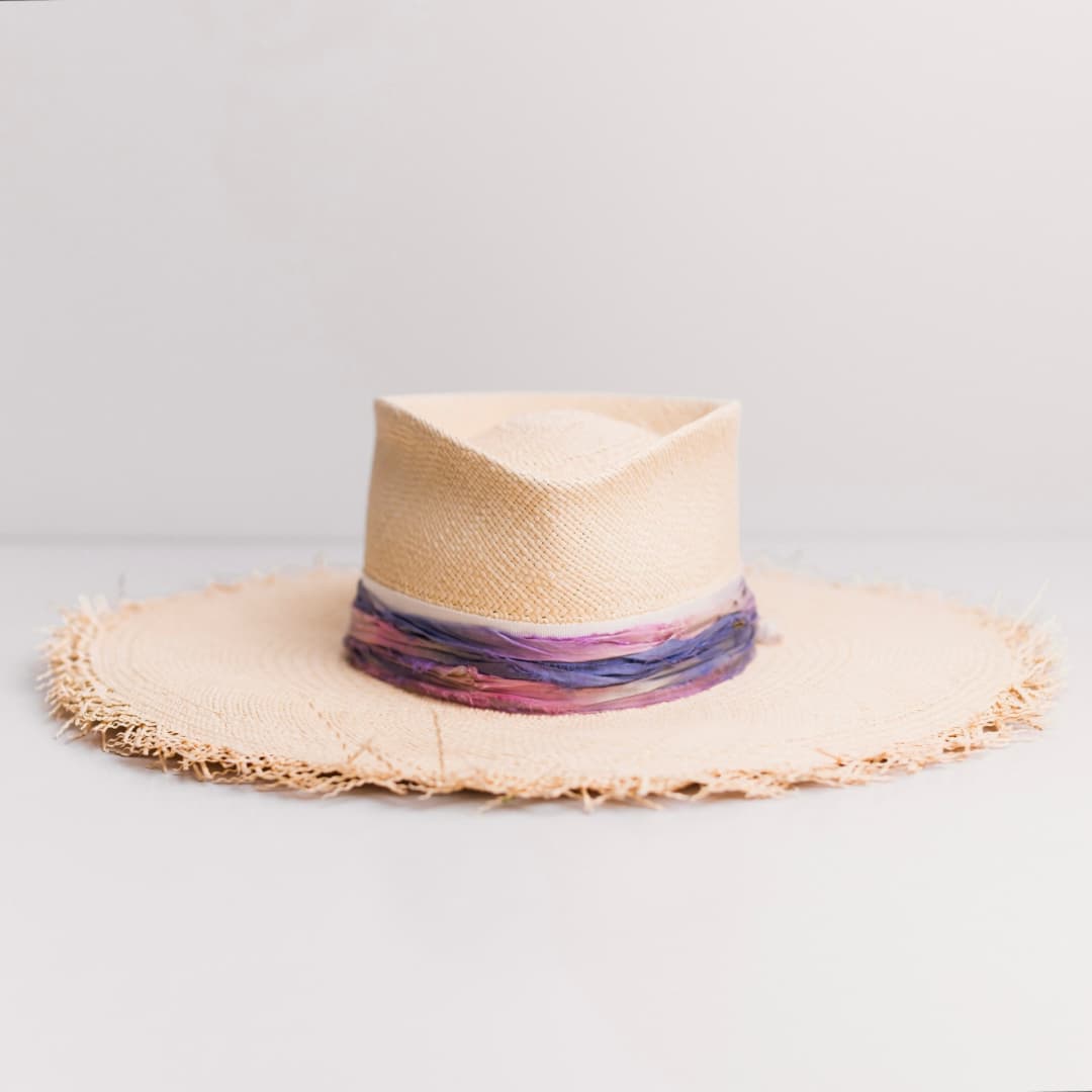 Natural Panama straw hat Delfina by PHYLLi Designs with cornflower and bubblegum tie dye sari silk trimming.