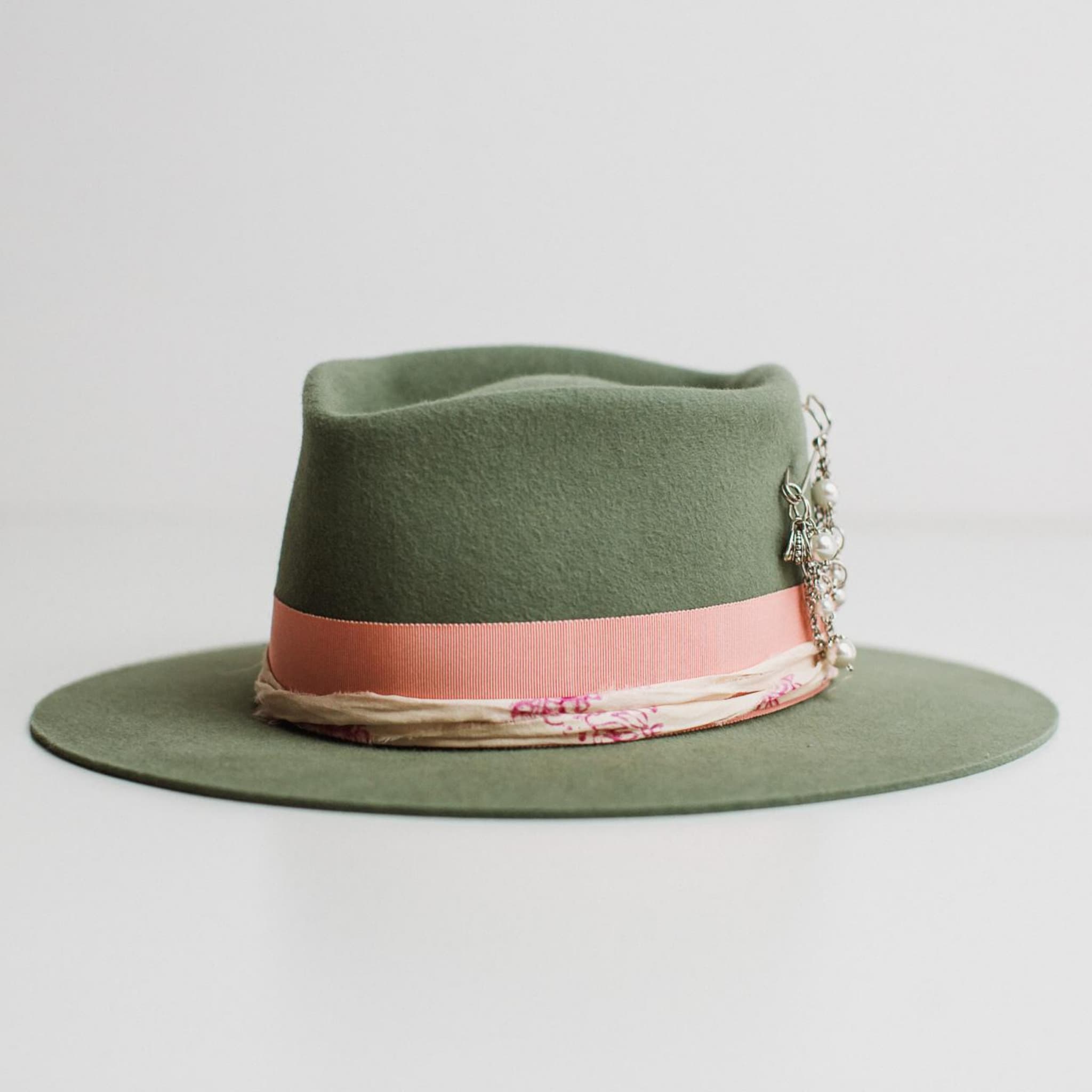 Diamonds & Pearls eucalyptus felt hat by PHYLLi Designs with pink grosgrain band, sari silk trim and pearl beaded silver hat pin.