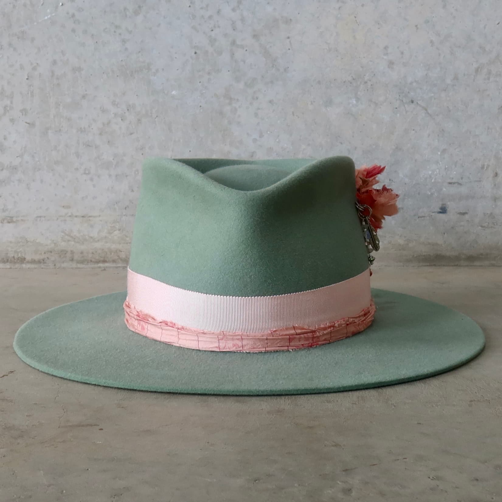 Eucalyptus felt hat Diamonds & Pearls – Pink by PHYLLi Designs with Sherbet Pink Japanese grosgrain band and strawberry sari silk trim.