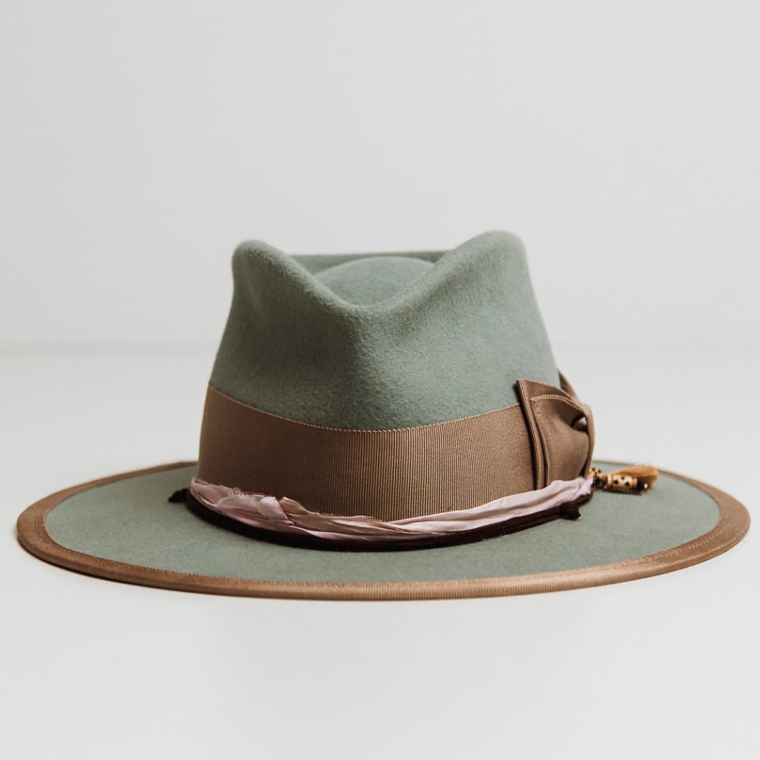 Feuille Morte Sage felt hat with taupe double bow grosgrain band, rose sari silk trim and taupe brim trim.