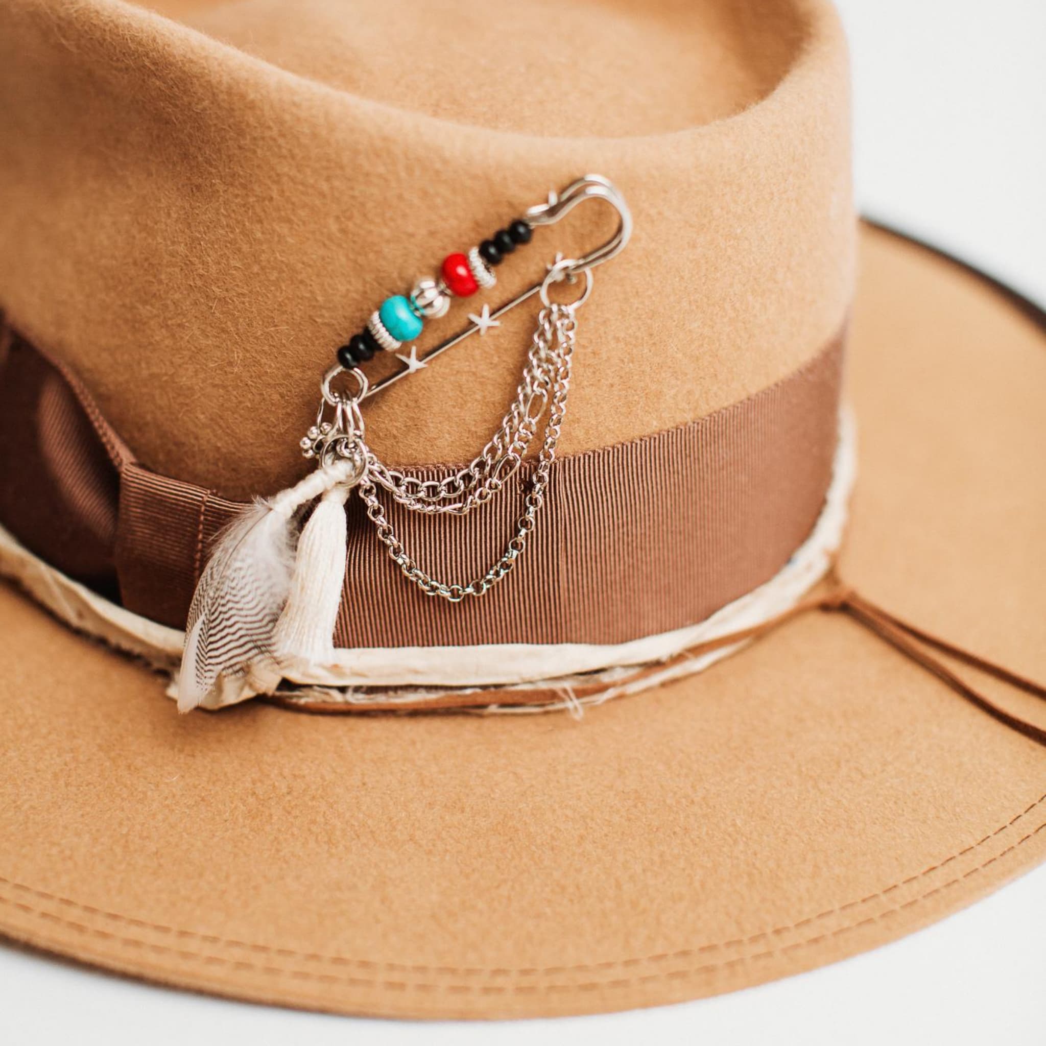 Close-up detail of Fly Fisher camel felt hat by PHYLLi Designs showing chocolate grosgrain band, speckled sari silk trim and silver chunky hat pin with tassel, feathers and chains.