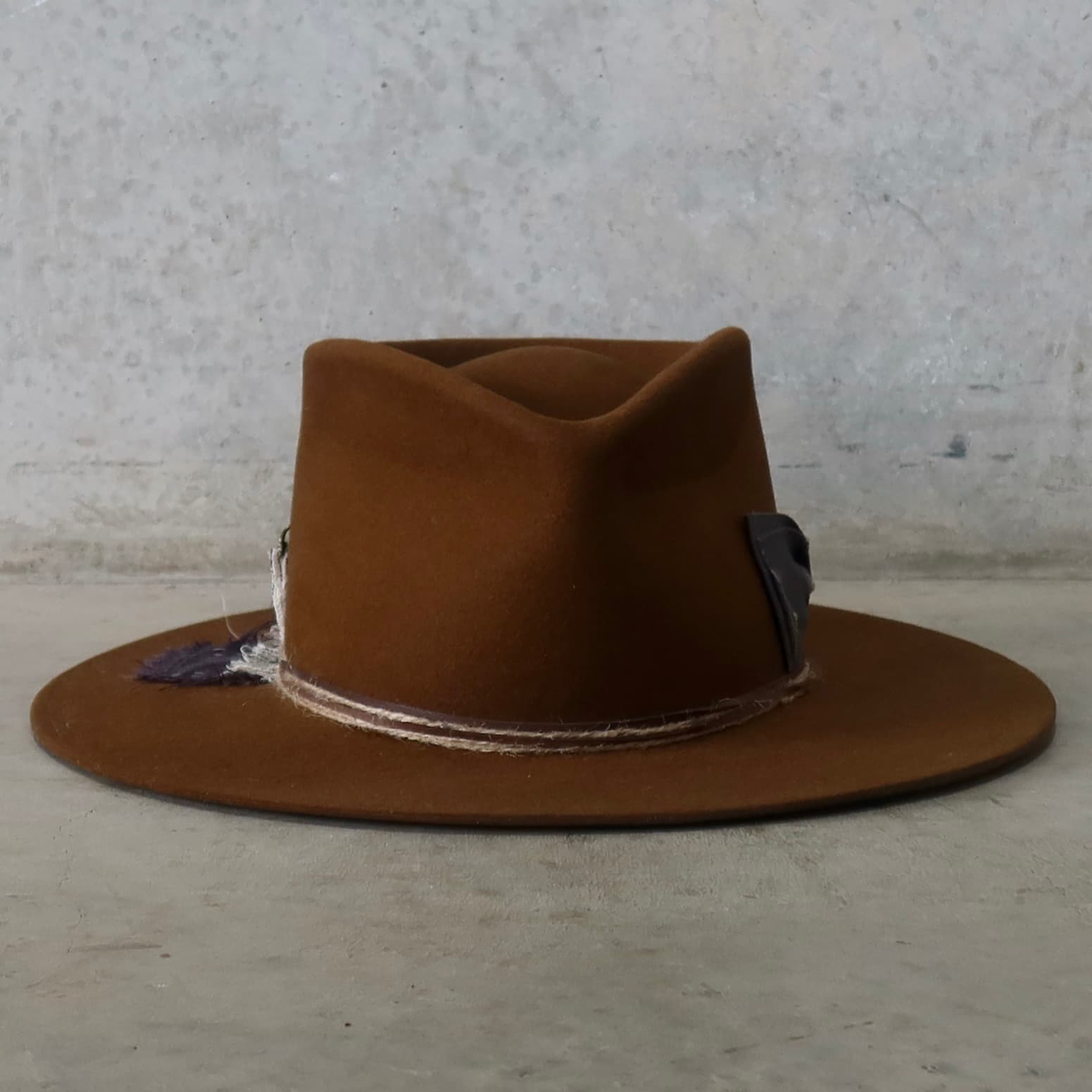 Caramel felt hat George Limited Edition by PHYLLi Designs with distressed Japanese grosgrain floating double bow in Steel.