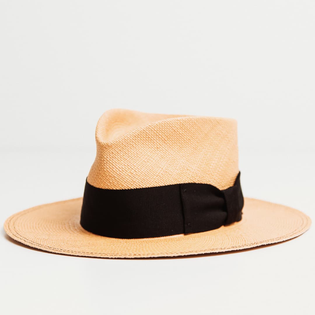 Holiday Biscuit Panama hat showing Black grosgrain bow band.