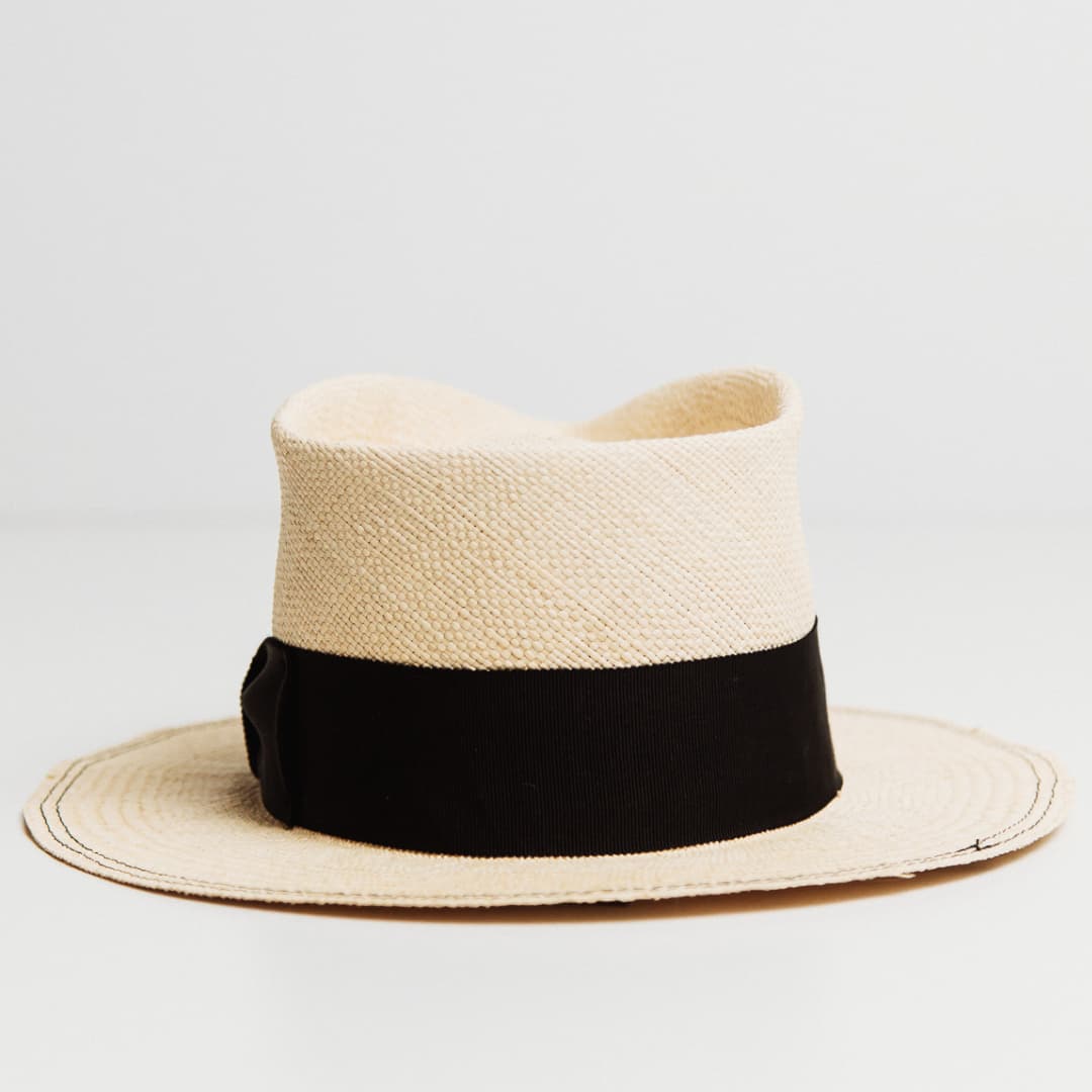 Back view of Holiday Natural premium Panama hat with Black grosgrain band.