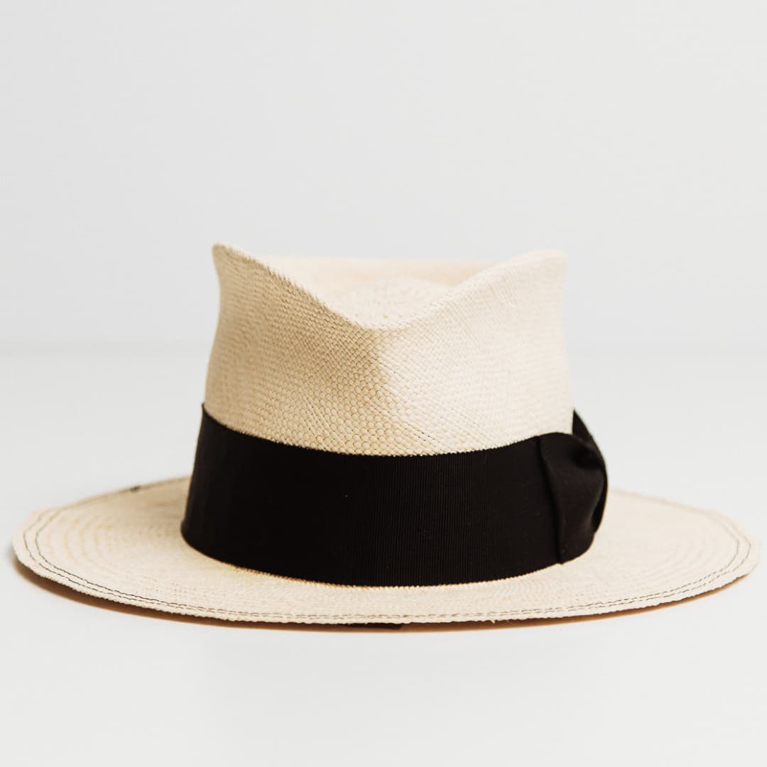 Holiday Natural Panama hat in handwoven toquilla straw with Black Japanese grosgrain bow band.