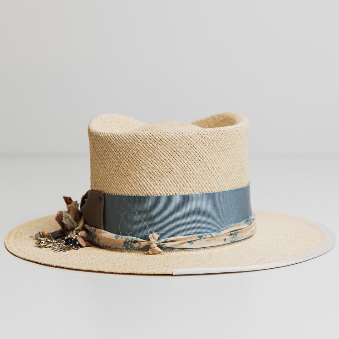 Back view of Hunter Panama hat with Cornflower grosgrain band and sari silk trim.