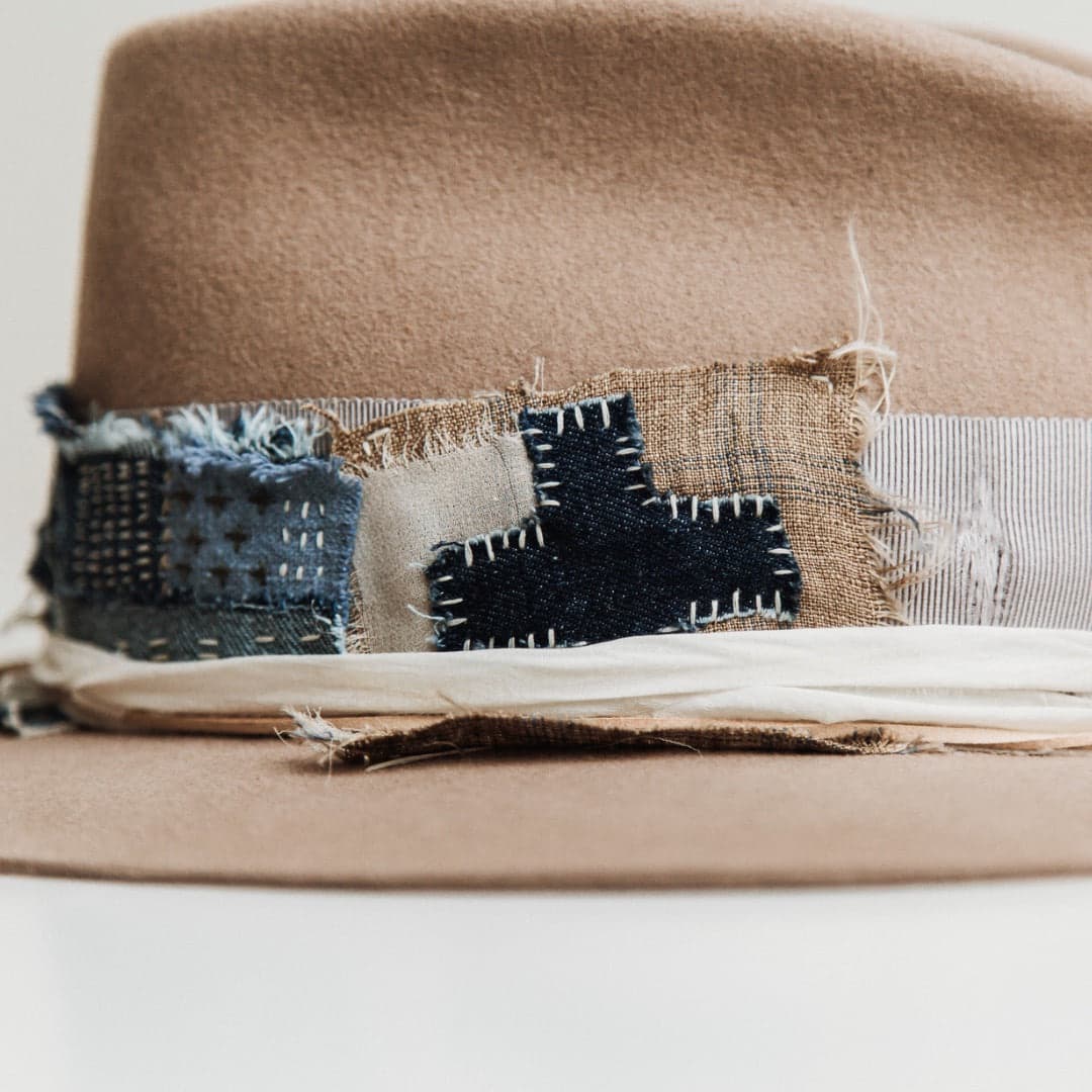 Close up detail of the Levi Limited Edition felt hat showing Wabi Sabi patchwork band with hand-stitched denim and linen patches.