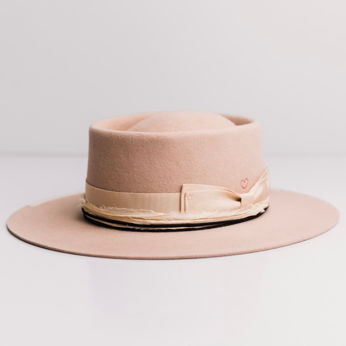 Lover Sand felt hat by PHYLLi Designs with Japanese grosgrain double bow band in Sand and cream sari silk trim.