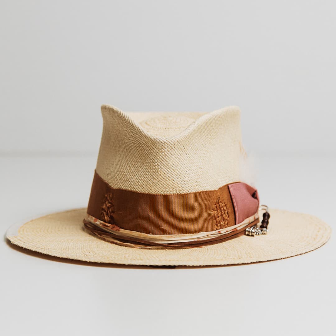 Malibu Panama hat with distressed Copper grosgrain band, Rose bow and speckled Cream and Marigold sari silk trim.