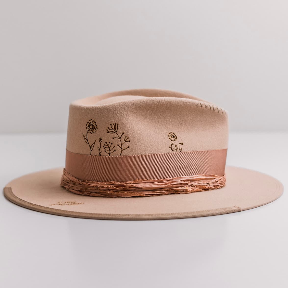 Right side view of the sand felt hat Miley by PHYLLi Designs with dirty rose Japanese grosgrain band and sari silk trim.