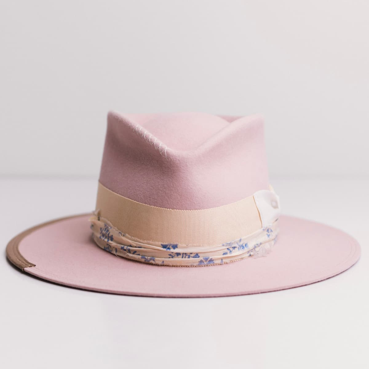 Posie Baby Pink felt hat by PHYLLi Designs with sand Japanese grosgrain band, ivory bow, and cream-blue sari silk trim.