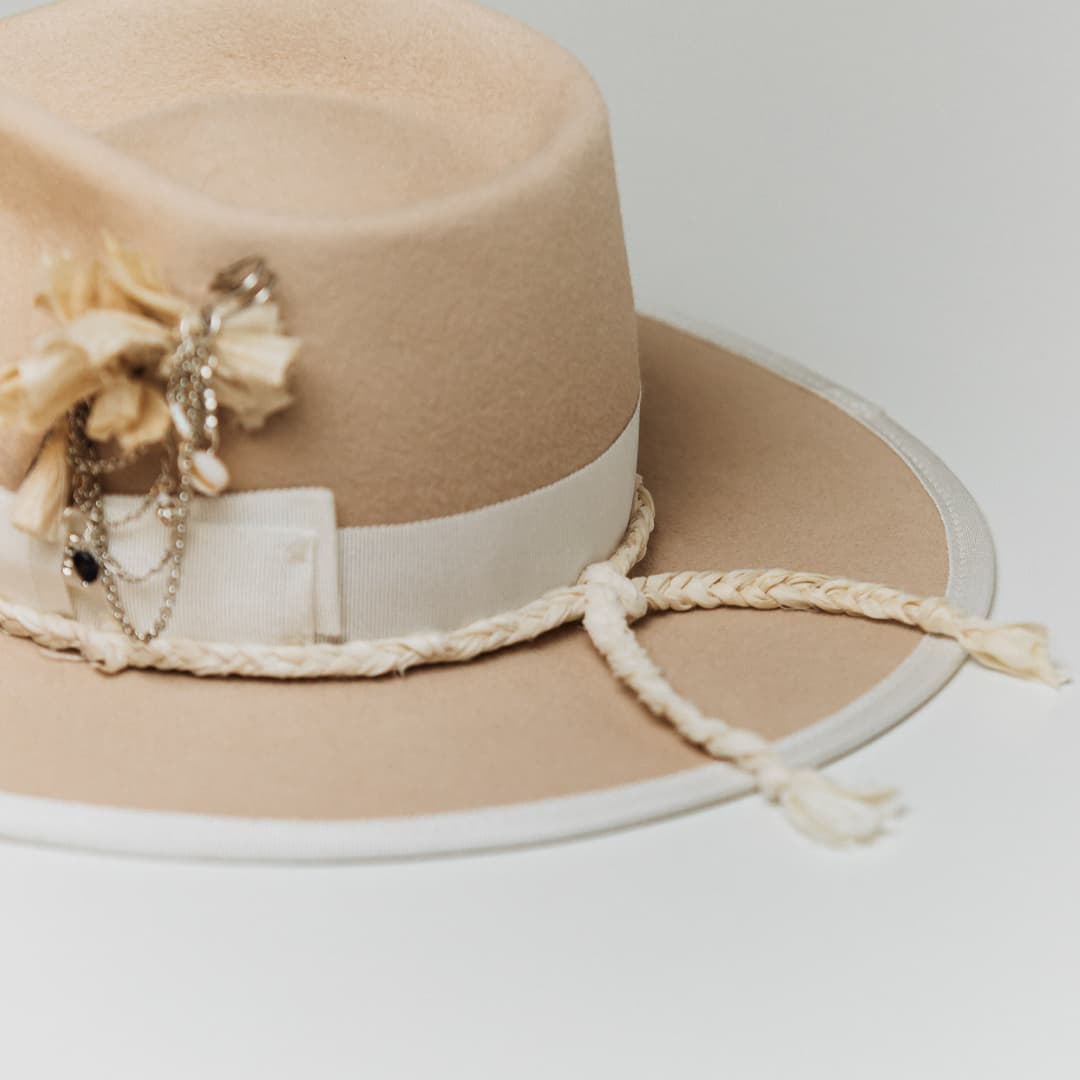 Close up detail of the Rue De Seine felt hat showing plaited ivory sari silk brim trim and ivory grosgrain bow band.