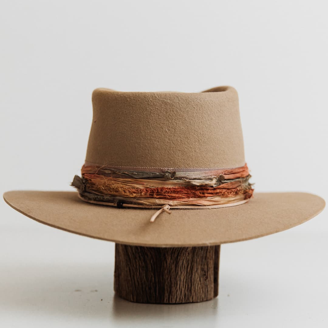 Back view of Santa Fe Autumn premium felt hat in Sahara with mushroom Japanese grosgrain band and sari silk trimmings.