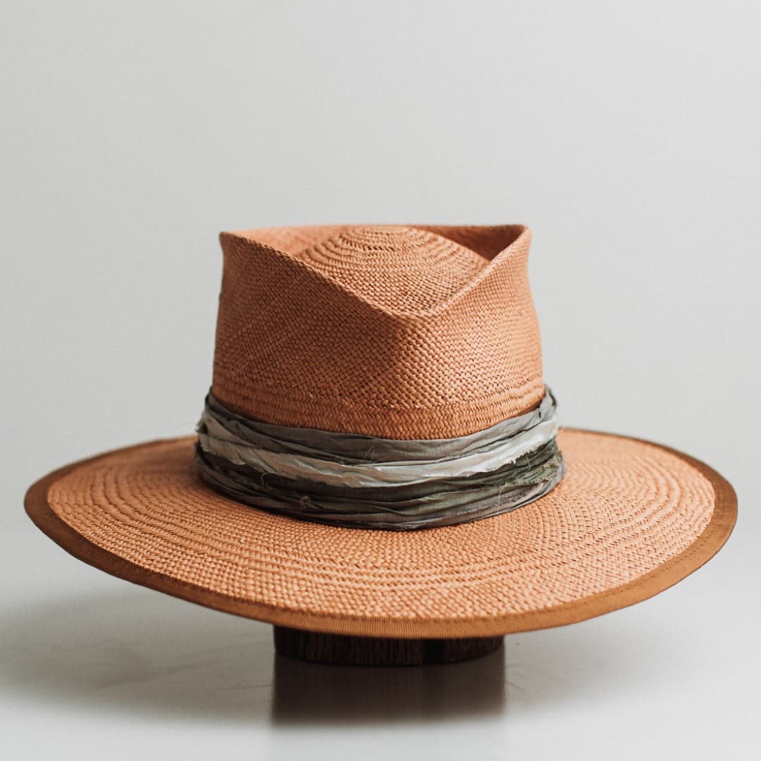 Santa Fe Winter Panama biscuit Panama hat by PHYLLi Designs with teal, storm blue and smoke sari silk trimming.