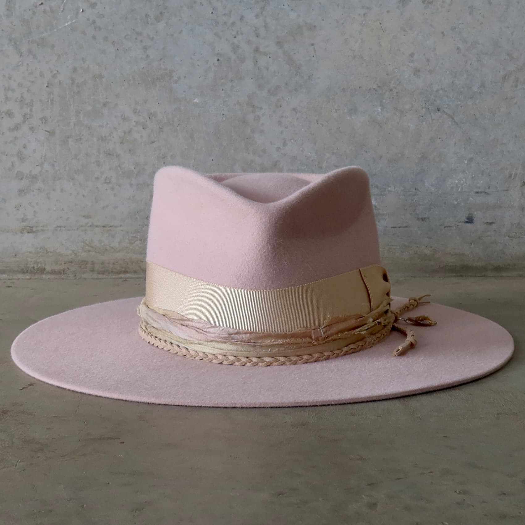 Baby pink felt hat Sorbet by PHYLLi Designs with sand Japanese grosgrain bow band and sorbet tie dye sari silk trim.