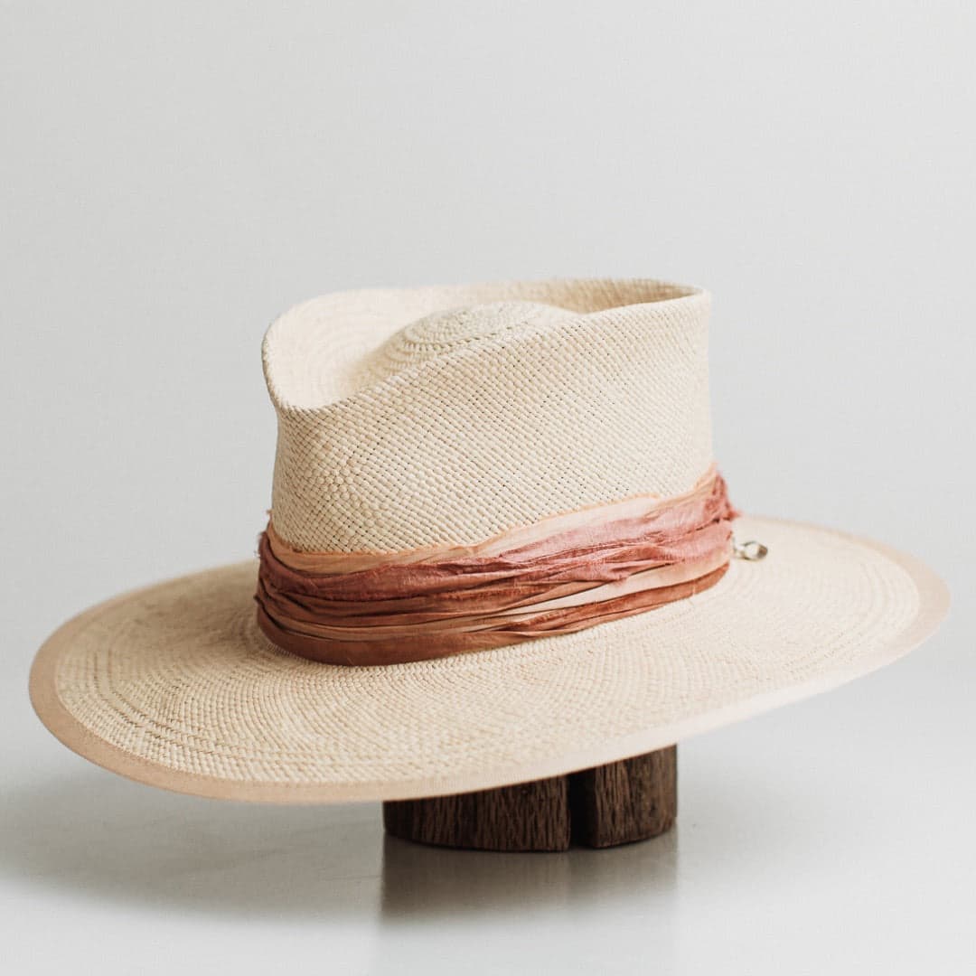 Sunset Panama natural Panama hat by PHYLLi Designs with apricot, dusty pink and rust sari silk trimming.