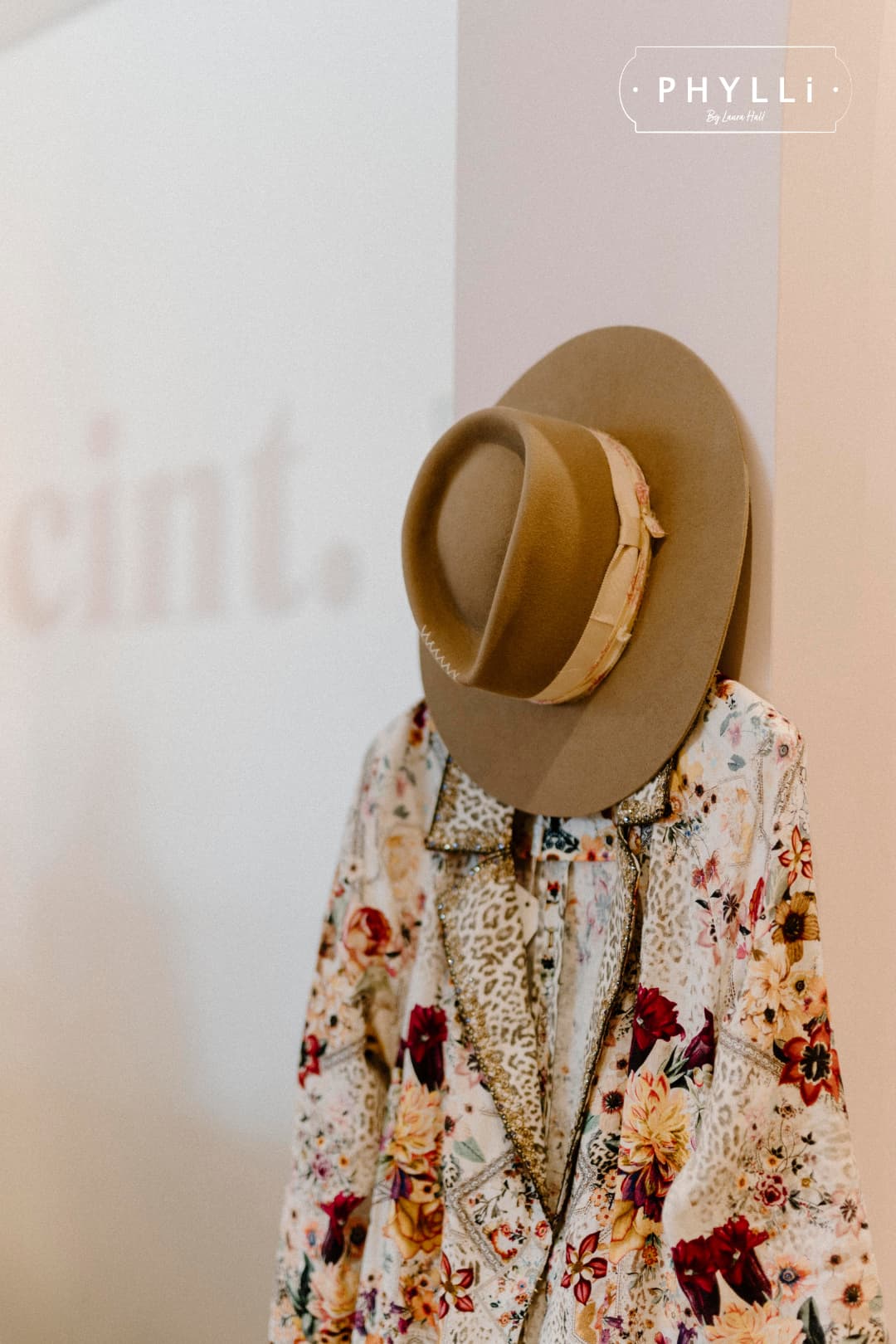 The Fawn sahara felt hat displayed in store by PHYLLi Designs.