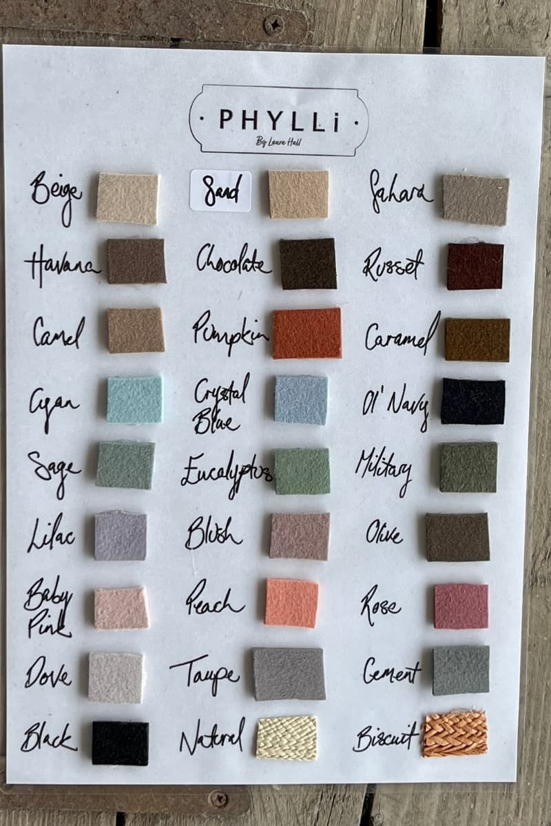 PHYLLi felt colour swatch board showing available hat base colours for the custom hat styling experience.
