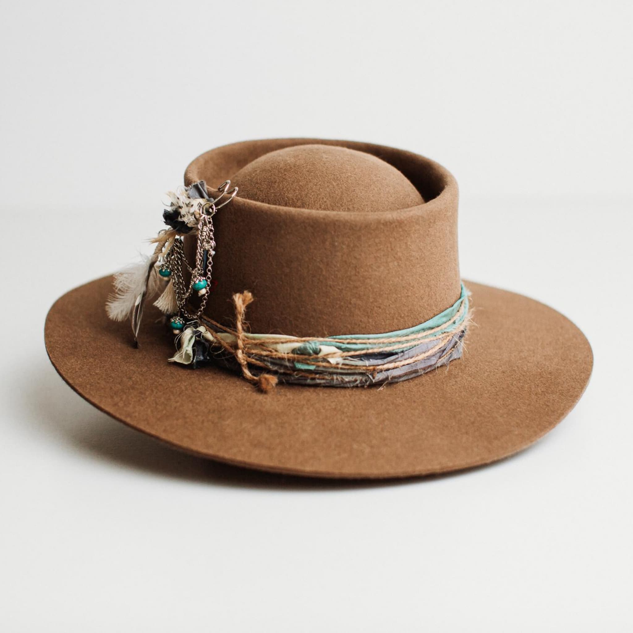 Back angled view of The Sailer havana brown felt hat with telescope crown and silk twine trim.