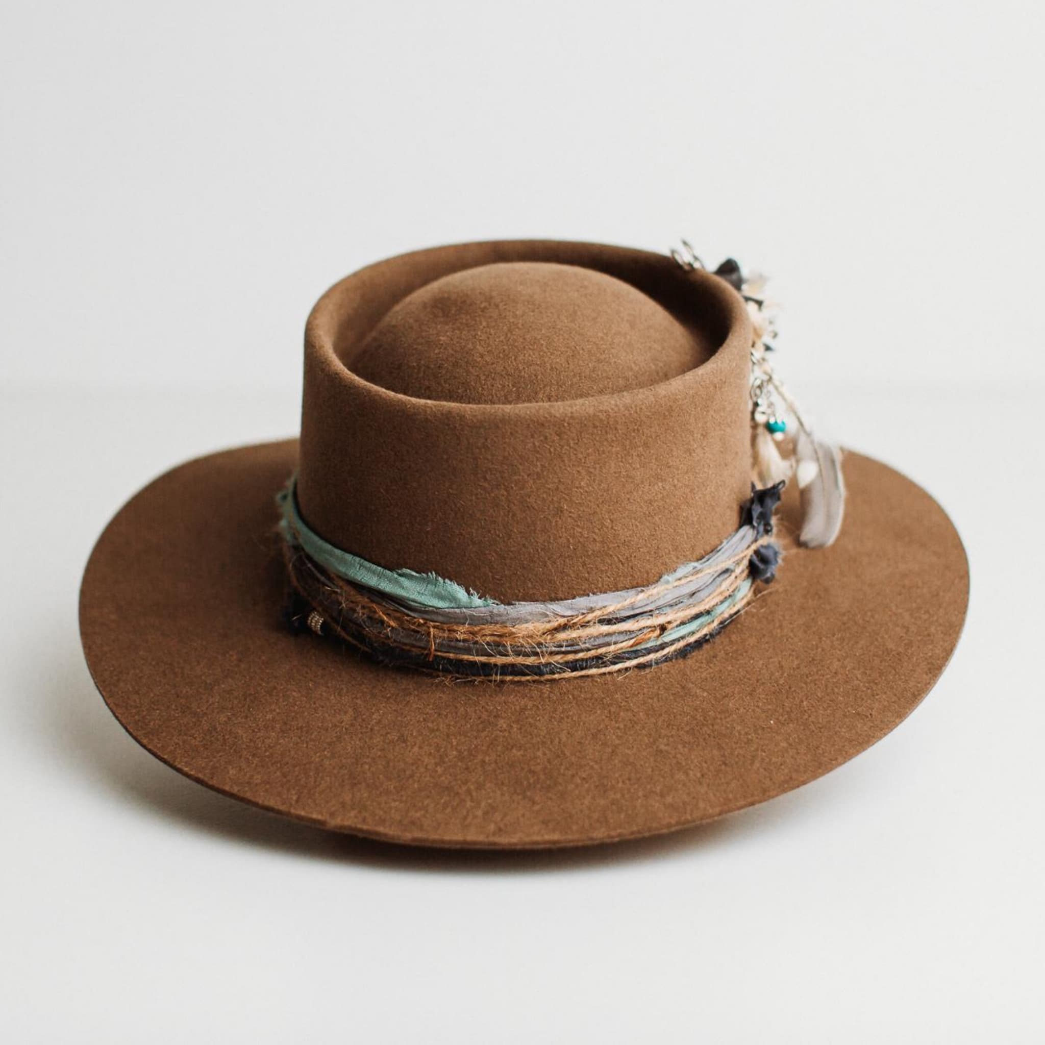 The Sailer havana brown felt hat with telescope crown, silk twine trim and hat pin by PHYLLi Designs on a light background.