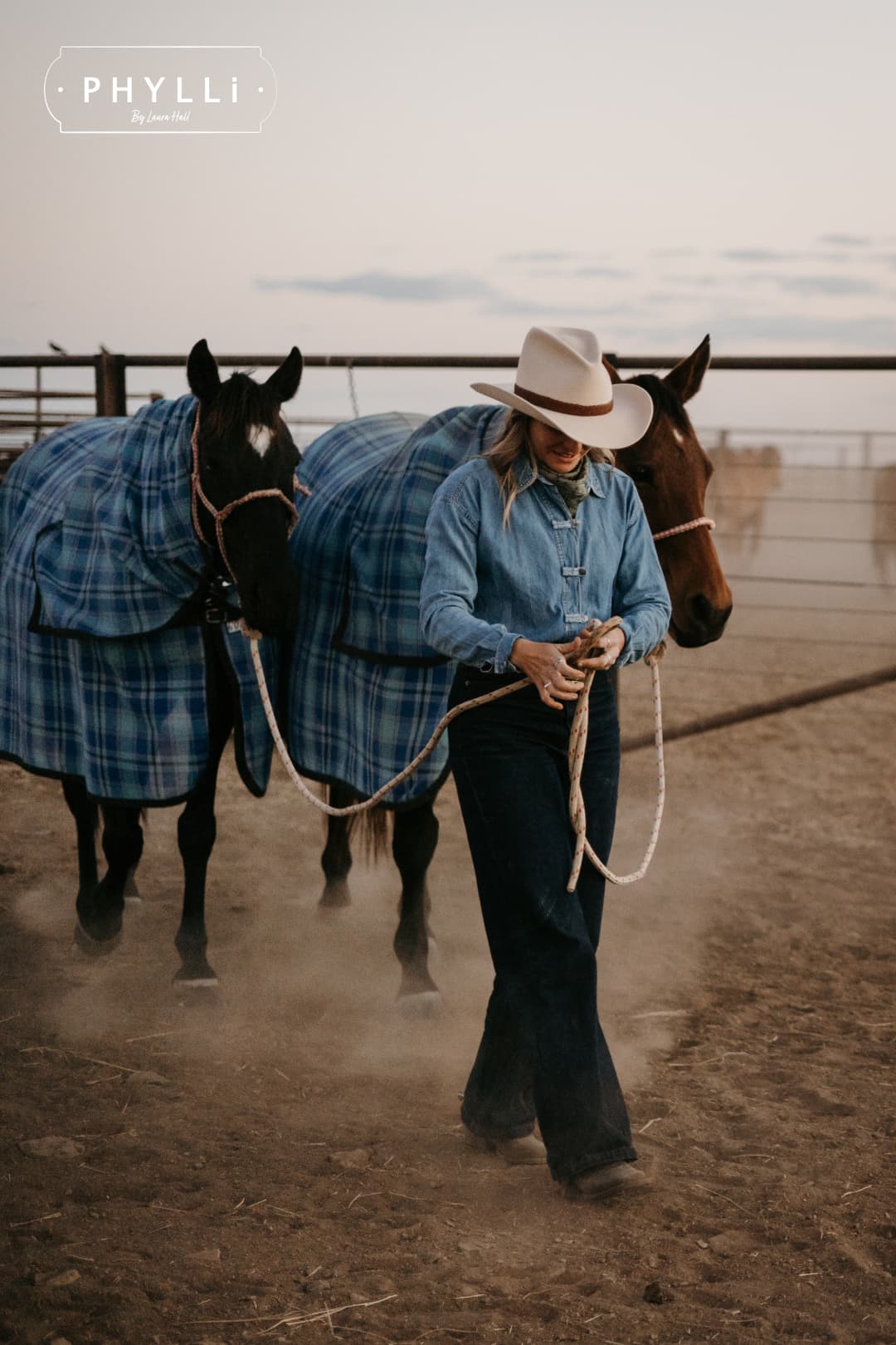 Model wearing the beige cowboy hat Wheeler Beige by PHYLLi Designs with 12 strand chocolate leather hat band while leading horses in a dusty yard.