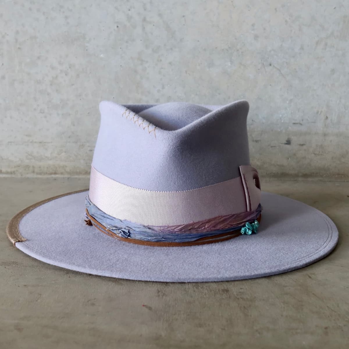 Lilac felt hat Wolseley by PHYLLi Designs with lilac Japanese grosgrain double bow band and sari silk trimming.