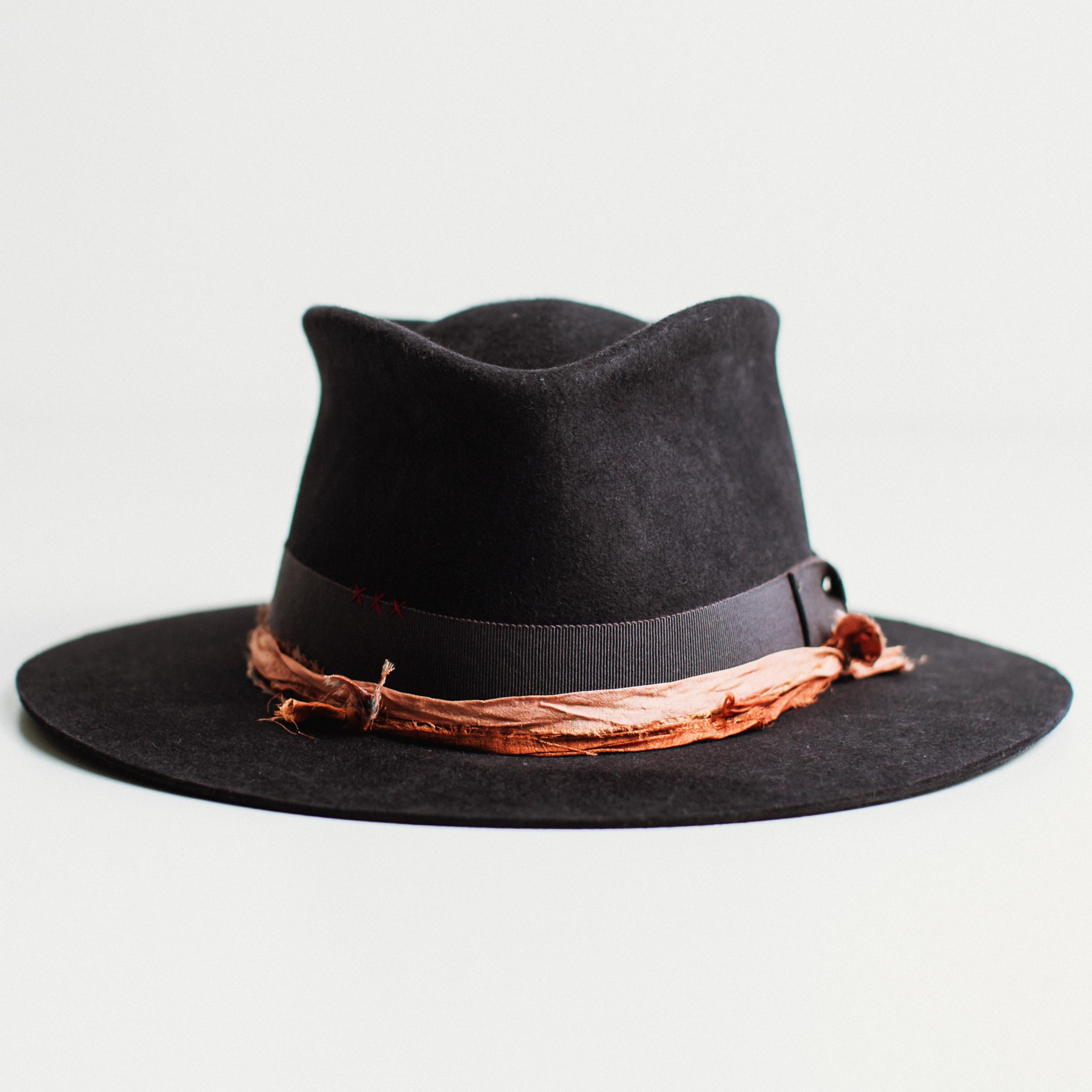 Front view - The Ol’ Navy by PHYLLi, Dark Navy felt hat with Burnt Orange sari silk, Grey grosgrain, and Burgundy stitching.
