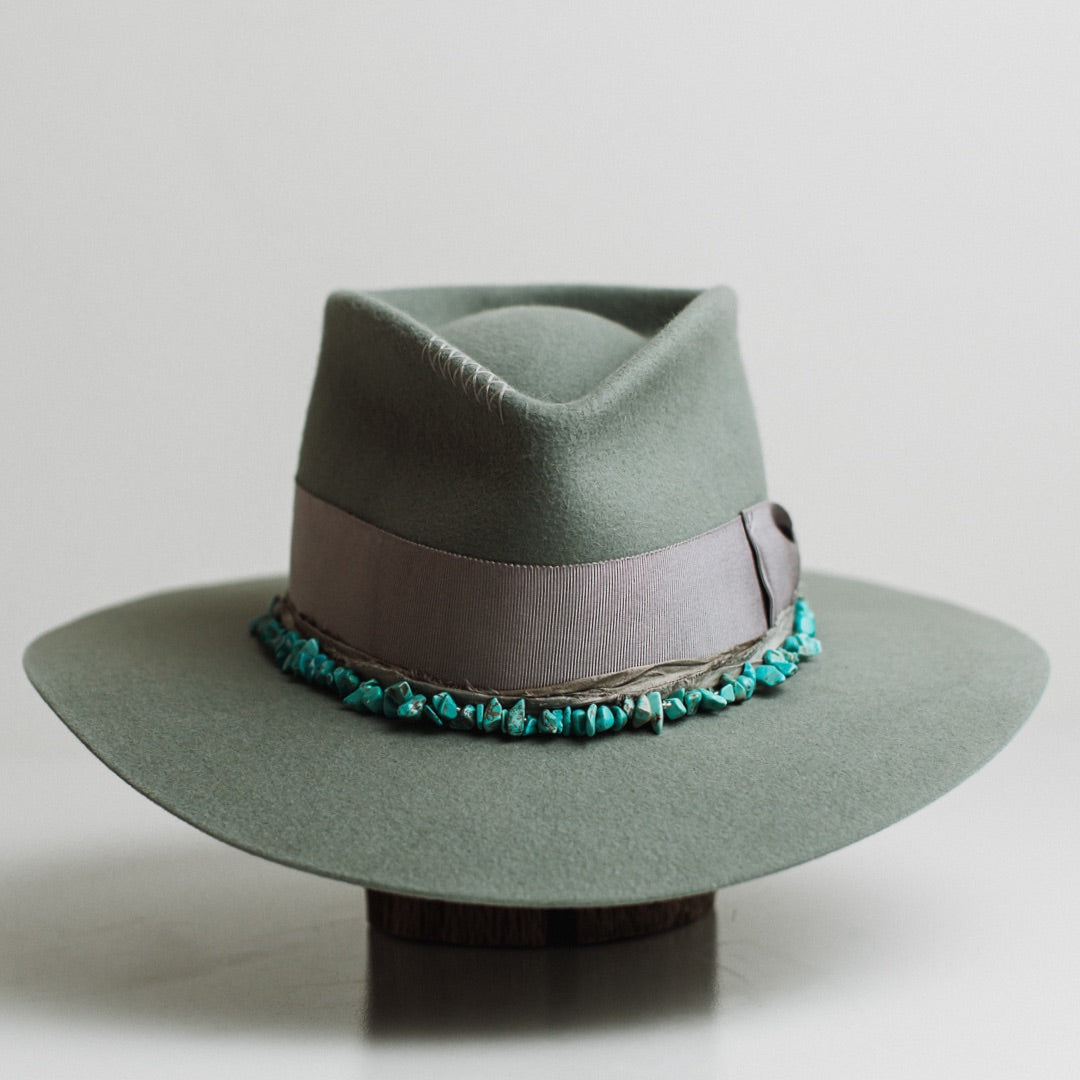 Aurora sage felt hat by PHYLLi Designs with dove Japanese grosgrain bow band and turquoise hat necklace.