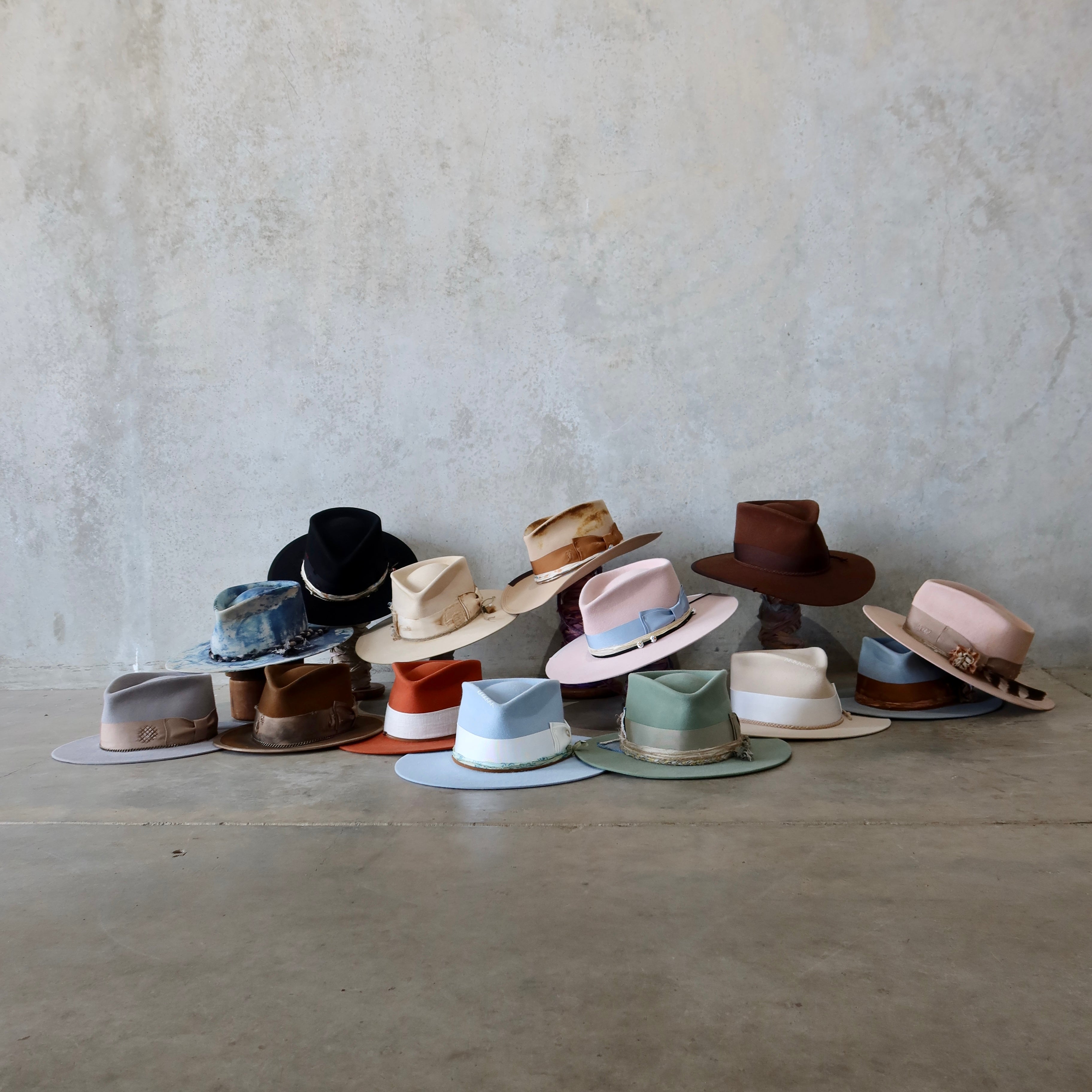 Crystal Blue wide-brim felt hat from PHYLLi Designs, ready to ship