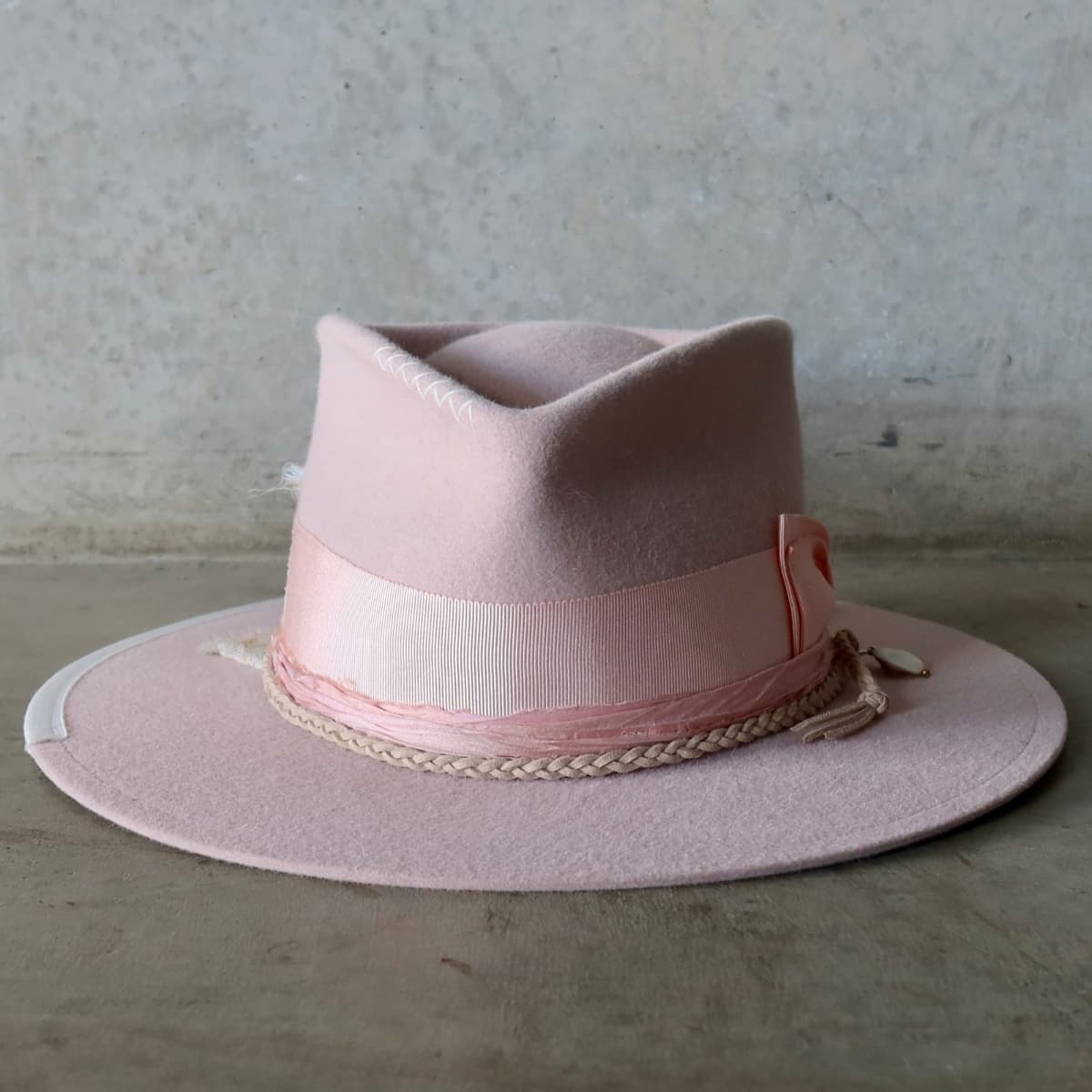 Baby pink felt hat Argyle Limited Edition by PHYLLi Designs with sherbet pink Japanese grosgrain double bow band and salmon sari silk trim.