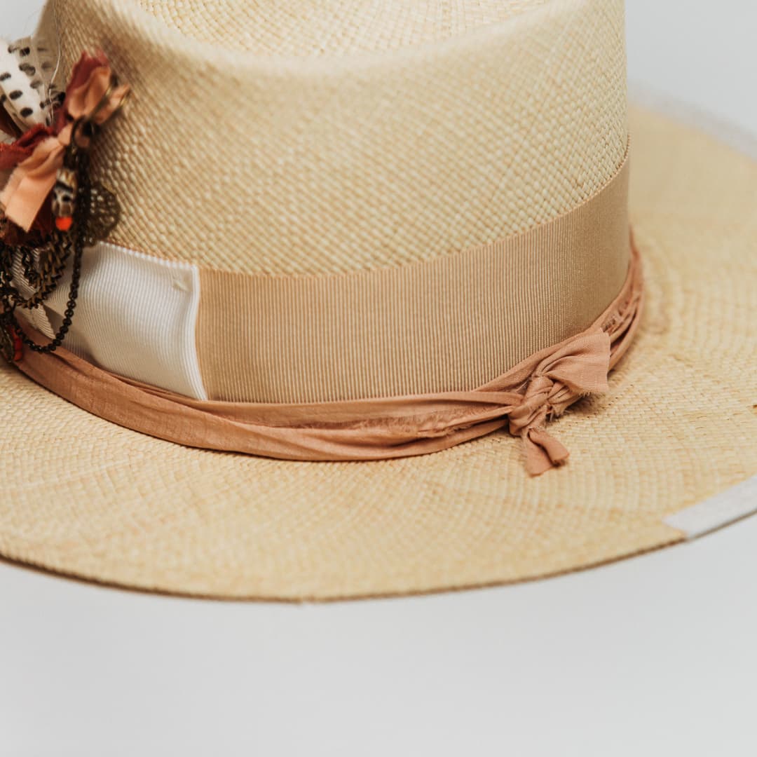 Close up detail of Calipso Panama hat showing Sand Japanese grosgrain band and Melon sari silk trim.