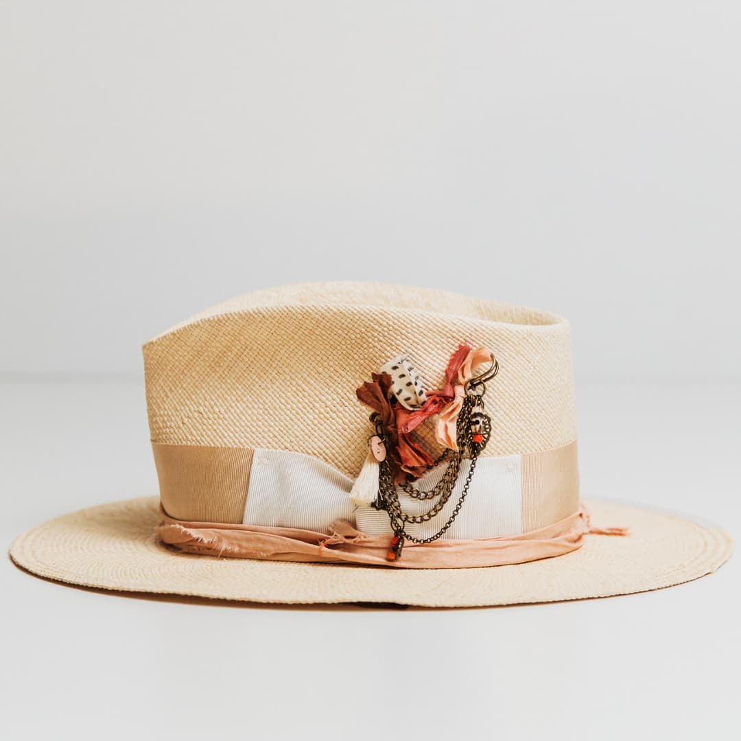 Side view of Calipso Panama hat in Natural handwoven toquilla straw with Sand grosgrain band.