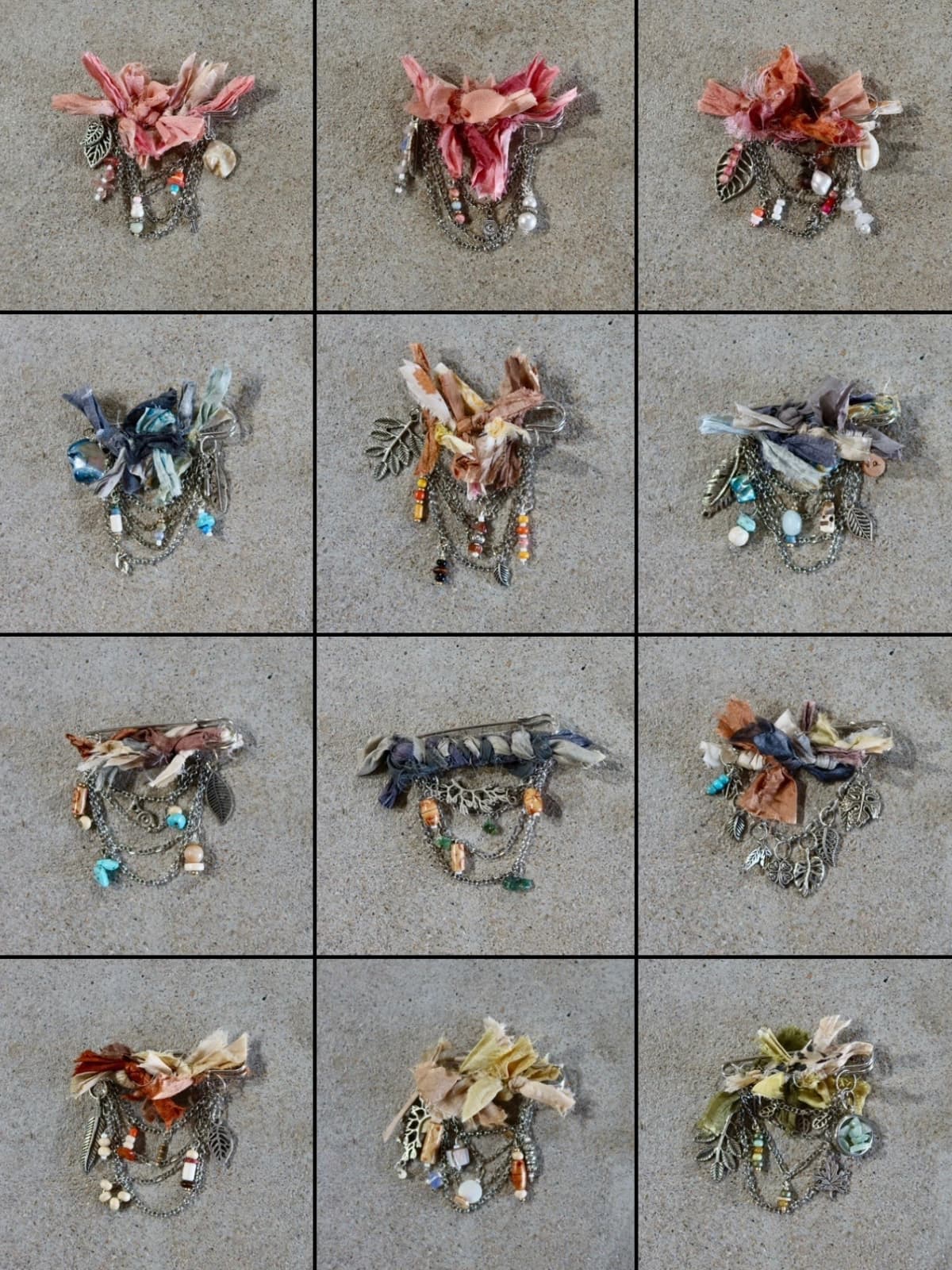 Close up detail of assorted chunky hat pins arranged in a grid showing varied sari silk colourways with bronze chains and gemstone bead charms.