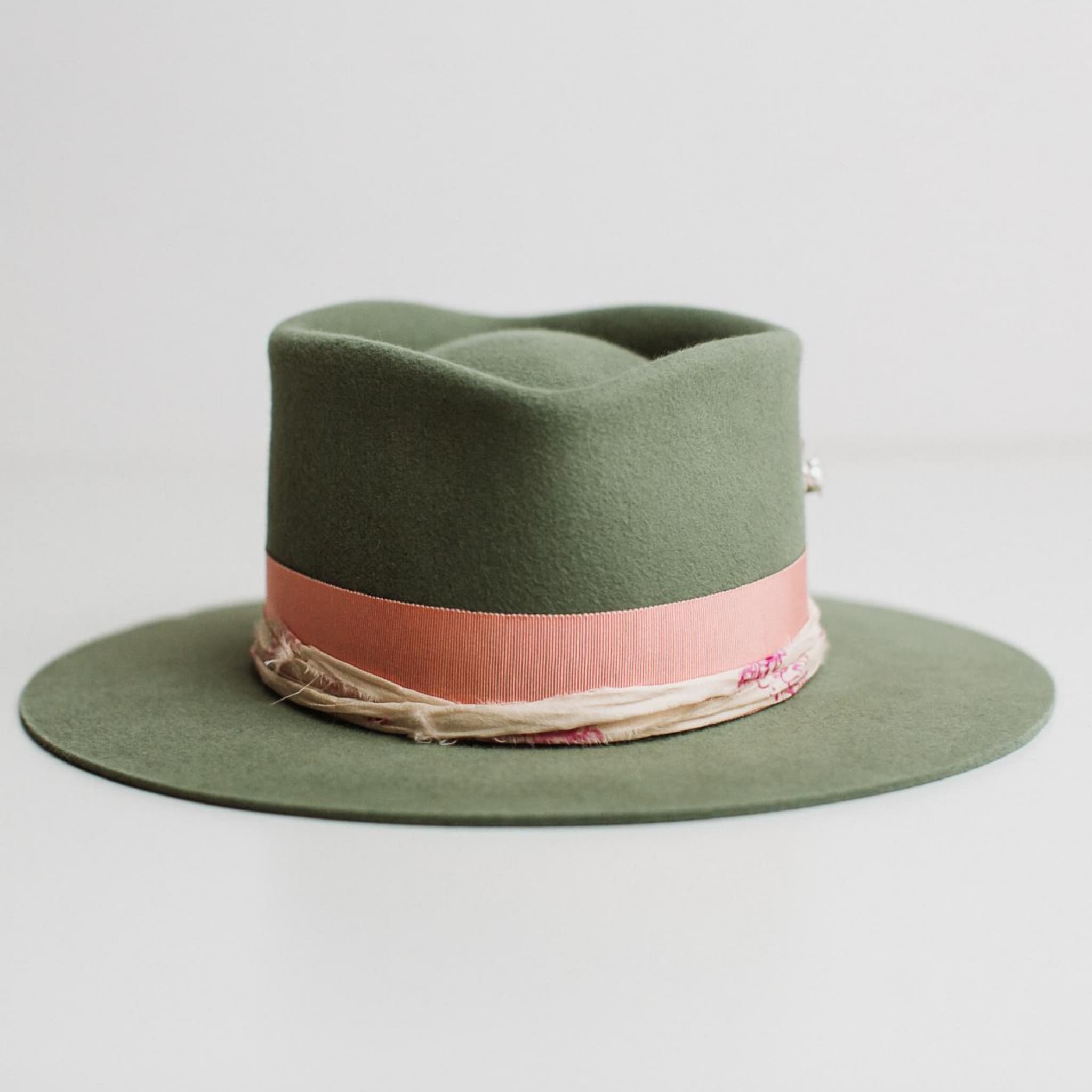 Diamonds & Pearls eucalyptus felt hat by PHYLLi Designs with sherbet pink Japanese grosgrain band, cream sari silk trim and pearl charm hat pin.