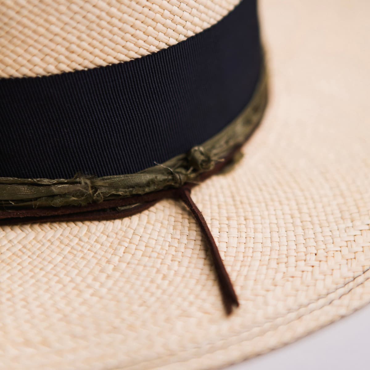 Close up detail of the Figueras Panama hat showing chocolate suede string with large wooden bead detailing.