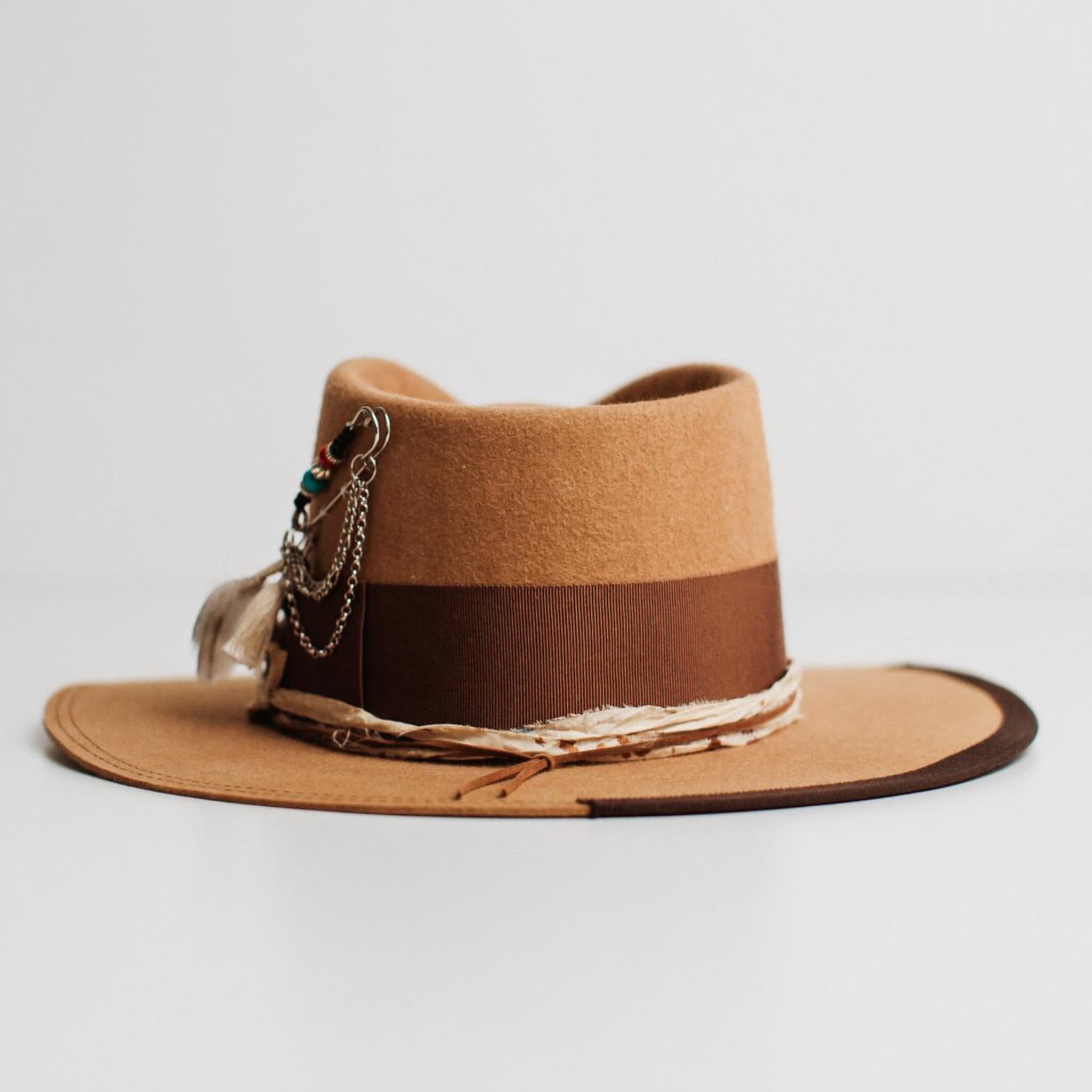 Back view of Fly Fisher camel felt hat by PHYLLi Designs showing chocolate grosgrain band, sari silk trim and dark brown double brim stitching.