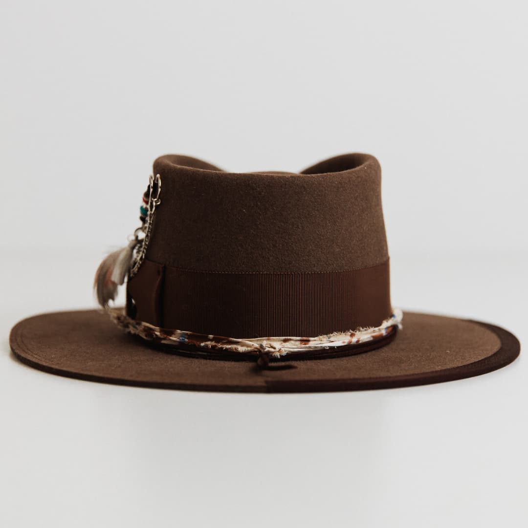 Back view of the Fly Fisher Havana felt hat by PHYLLi Designs with praline grosgrain band and double brim stitching.