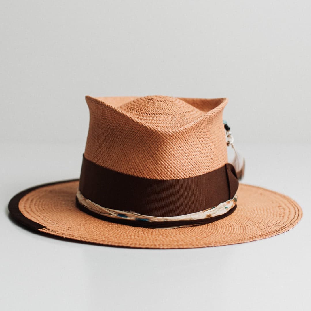 Fly Fisher Panama biscuit Panama hat by PHYLLi Designs with chocolate Japanese grosgrain band, dark brown brim trim and speckled sari silk trimming.