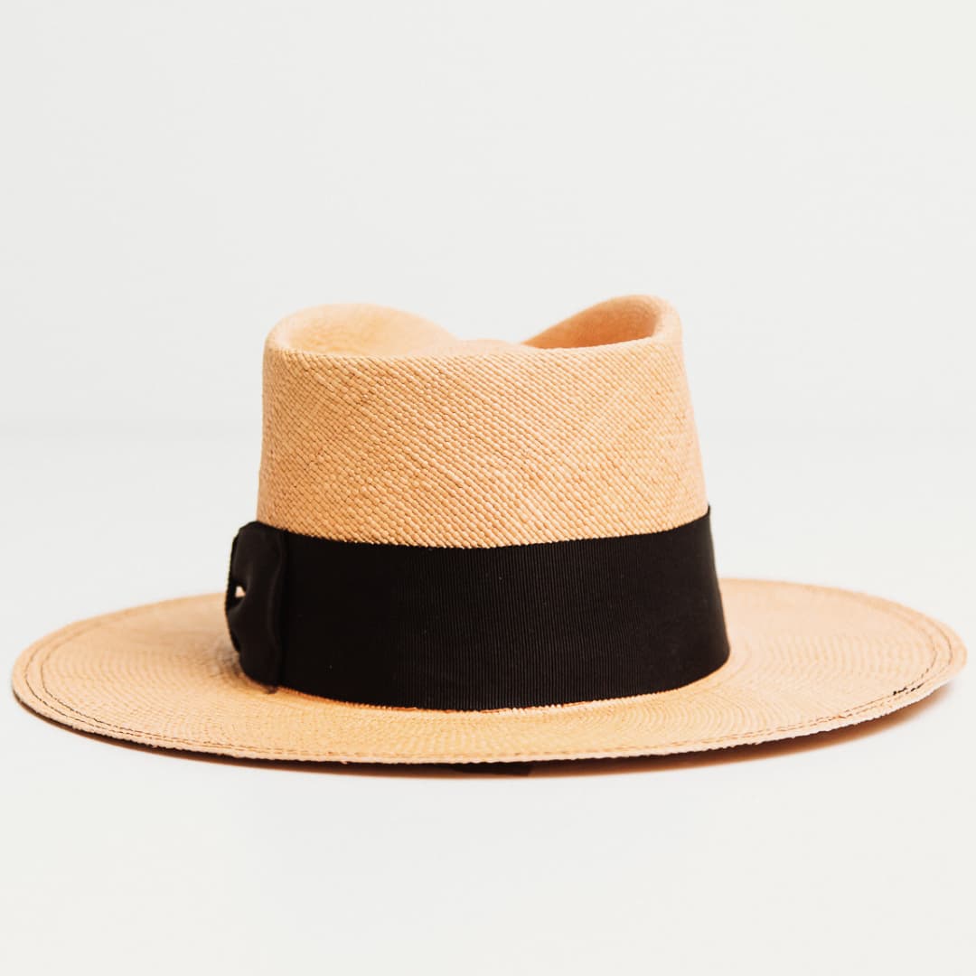Back view of Holiday Biscuit Panama hat with Black grosgrain band.