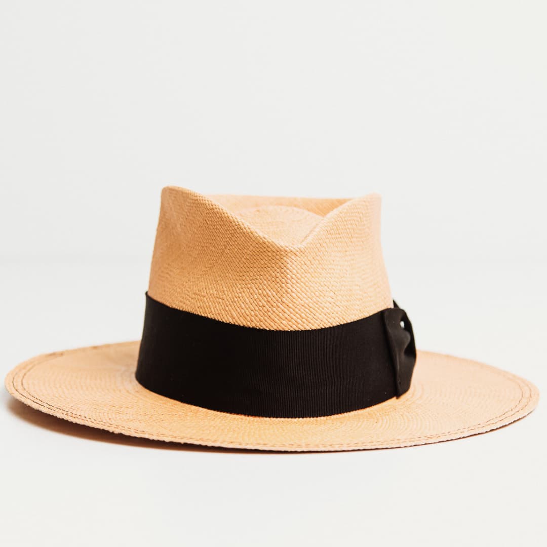 Holiday Biscuit Panama hat in Biscuit with Black Japanese grosgrain bow band.